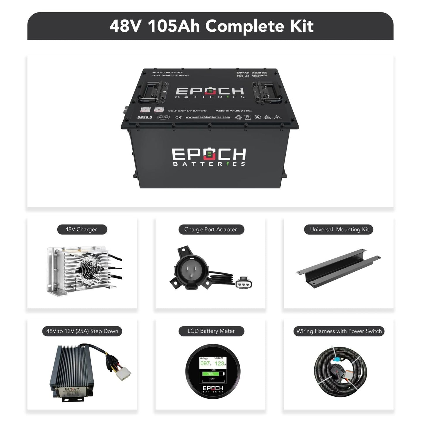 Epoch Batteries 48V 105Ah Lithium (LiFePO4) Golf Cart Battery | LiMax Series | Complete Kit