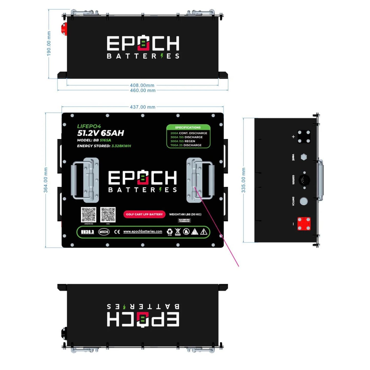 Epoch Batteries 48V 65Ah Lithium (LiFePO4) Golf Cart Battery | LiMax Series | Complete Kit