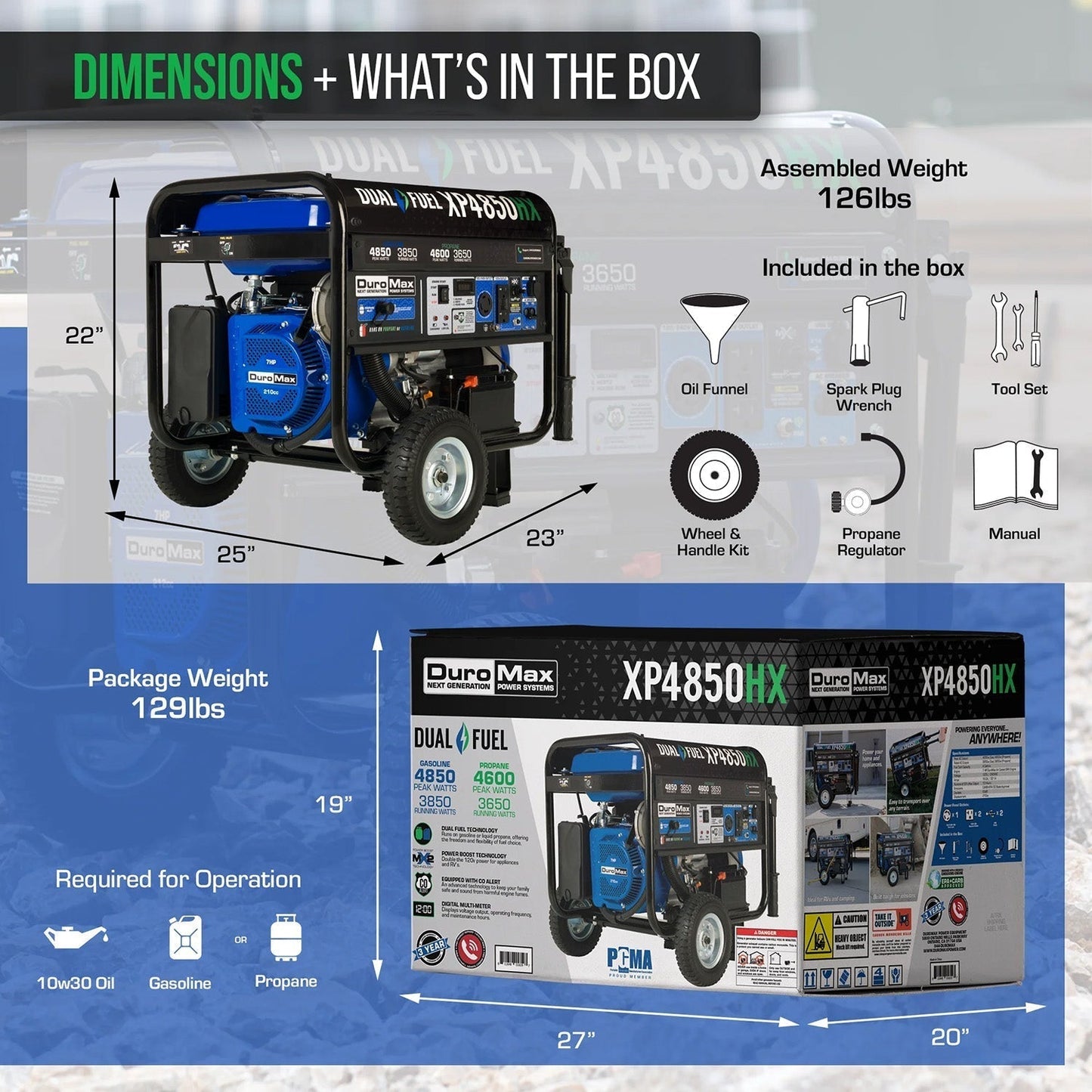 DuroMax XP4850HX Dual Fuel 3850W/4850W Portable HX Generator | CO Alert