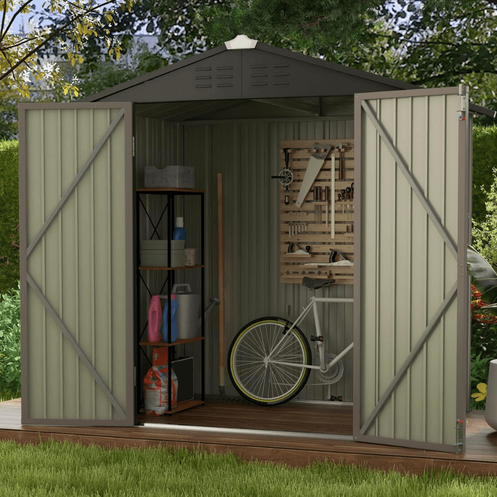Patiowell 6 ft. W x 4 ft. D Outdoor Storage Brown Metal Shed with Sloping Roof and Double Lockable Door (24.8 sq. ft.)