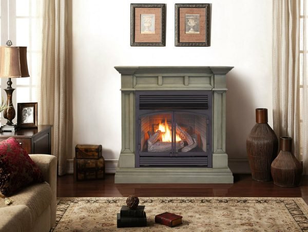 Duluth Forge Dual Fuel Ventless Gas Fireplace With Mantel – 32,000 BTU, T-Stat Control, Slate Gray Finish – Model# DFS-400T-2GR