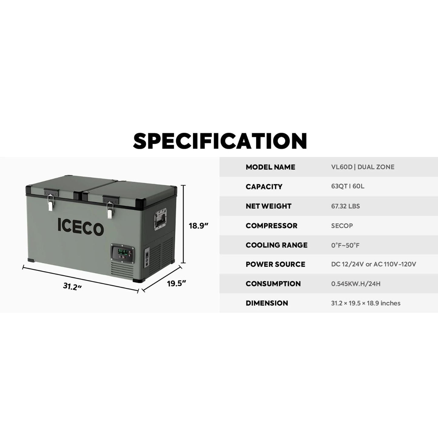ICECO VL60 60LT Dual Zone Metal Freezer With Cover