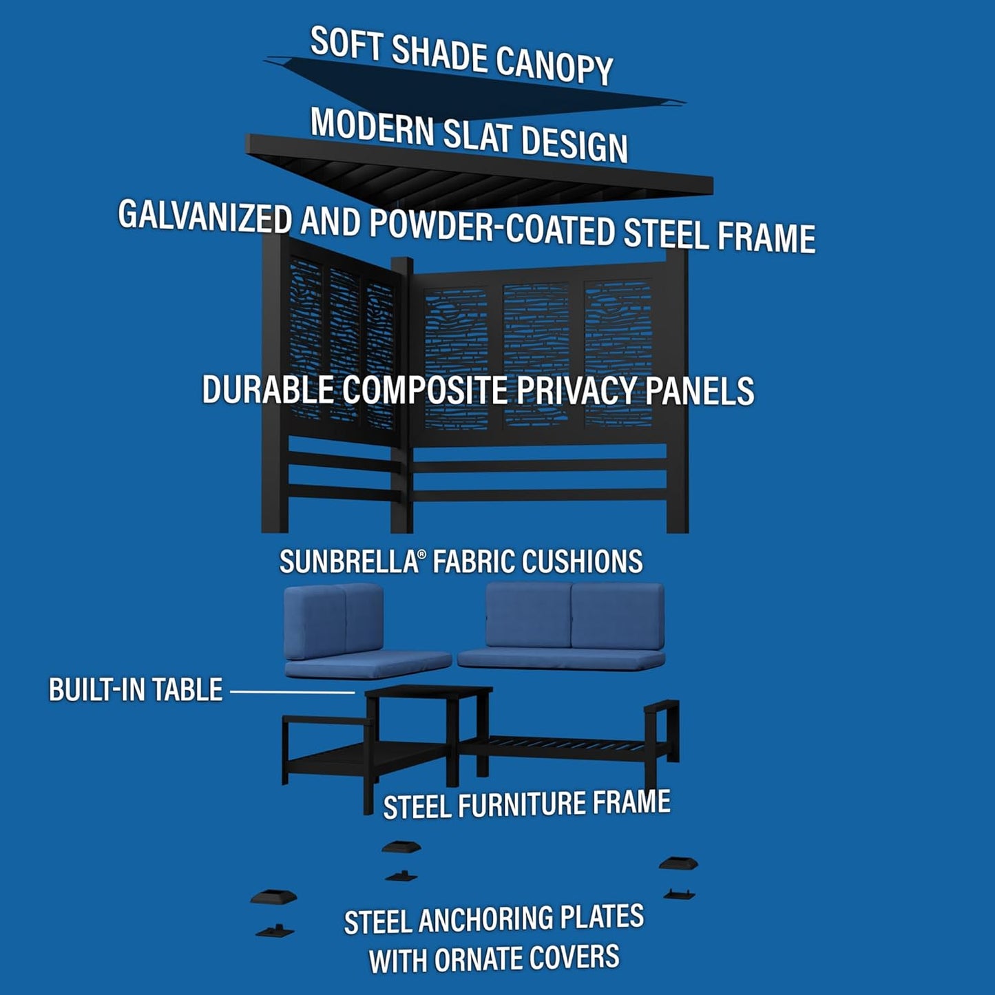 Glendale Modern Steel Cabana Pergola with Conversational Seating