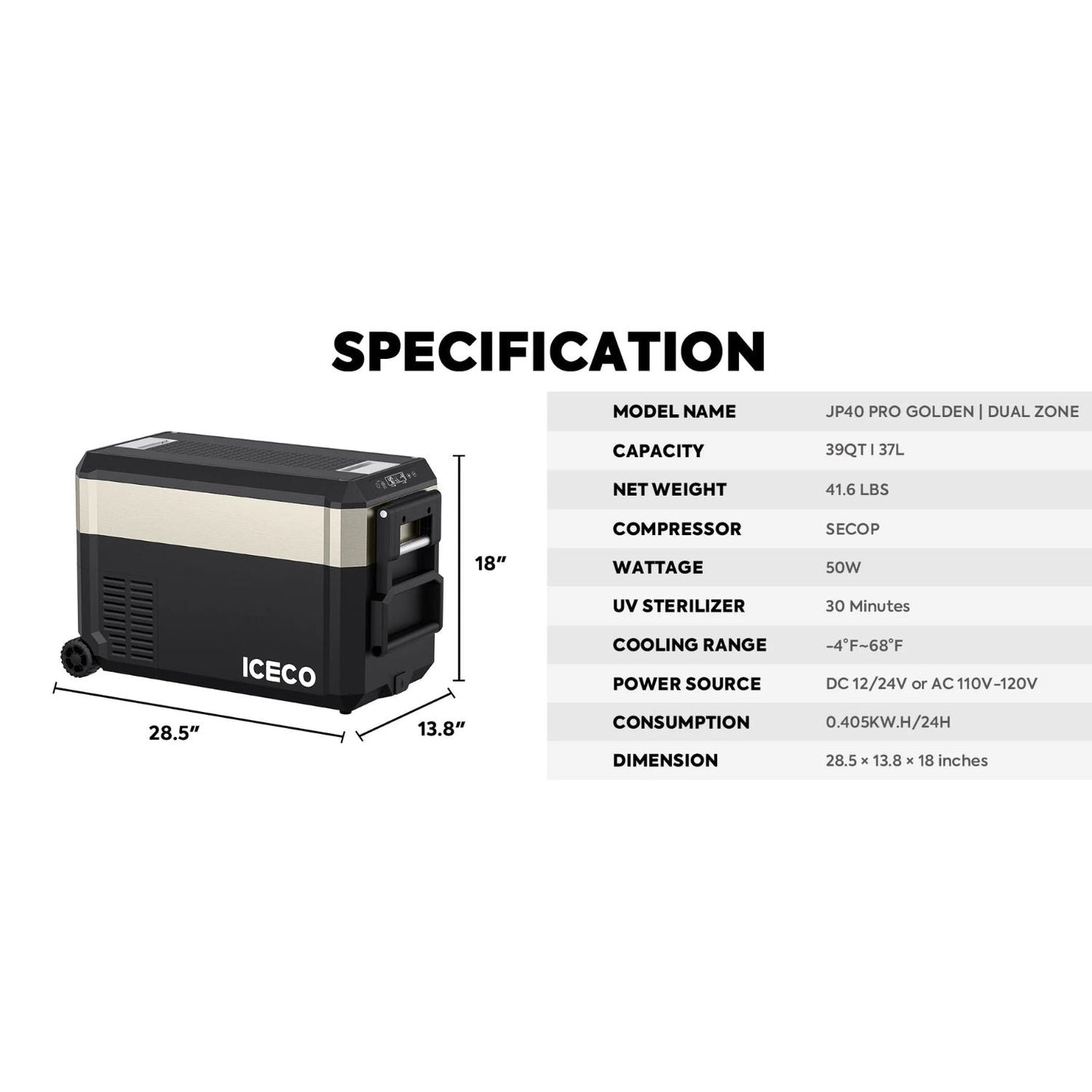 ICECO JP40 40 LT Pro Dual Zone Wheeled Portable Freezer With Cover