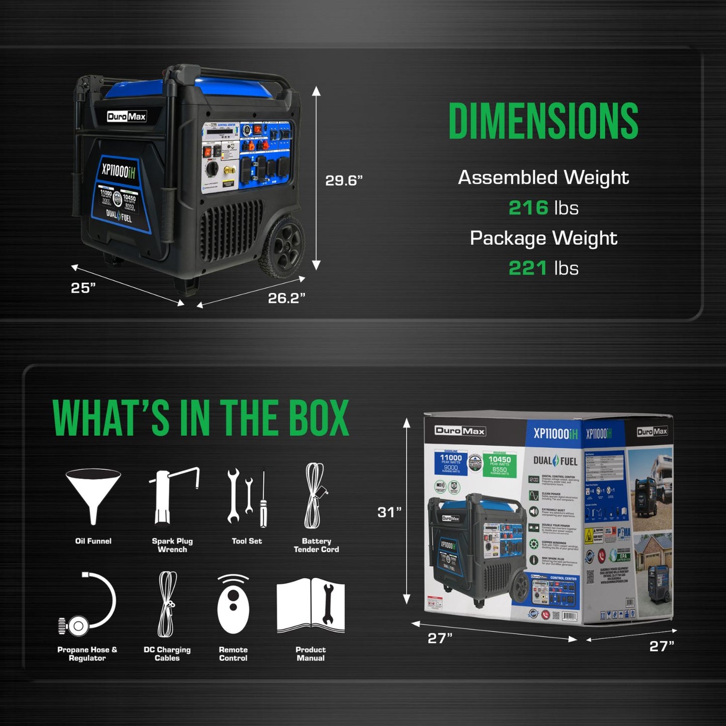 DuroMax XP11000iH Dual Fuel 9000W/11000W Portable Inverter Generator | CO Alert