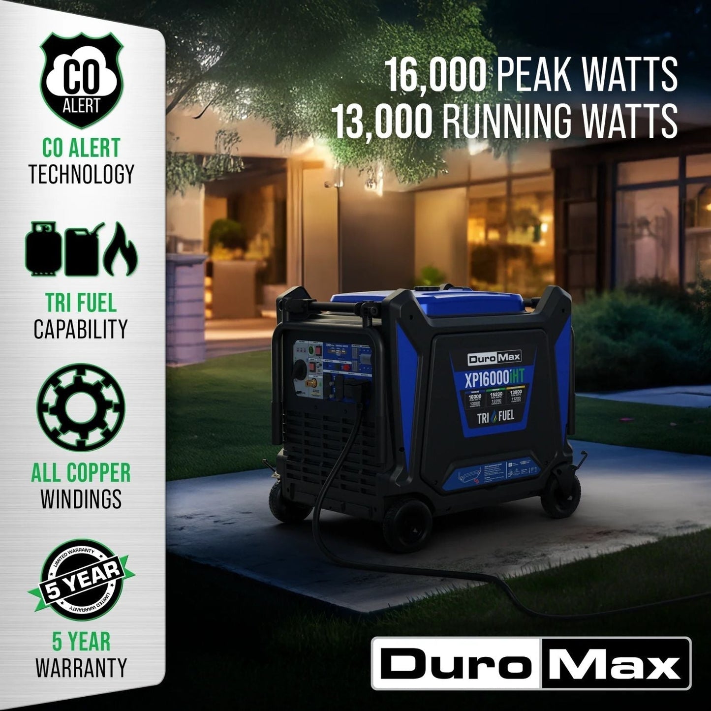 DuroMax XP16000iHT Tri-Fuel 13000W/16000W Portable Inverter Generator | Low THD