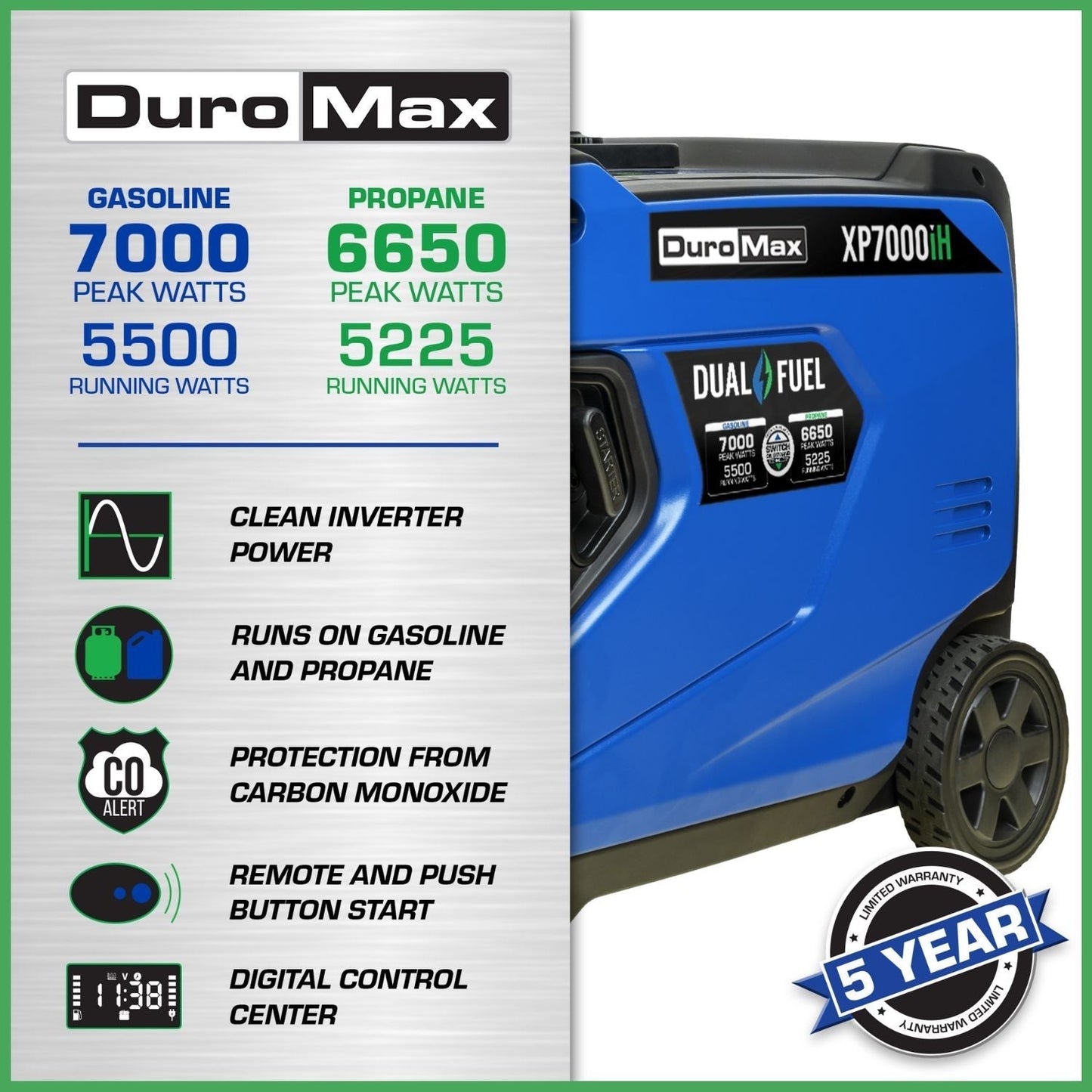 DuroMax XP7000iH Dual Fuel 9000W/7000W Portable Inverter Generator | CO Alert