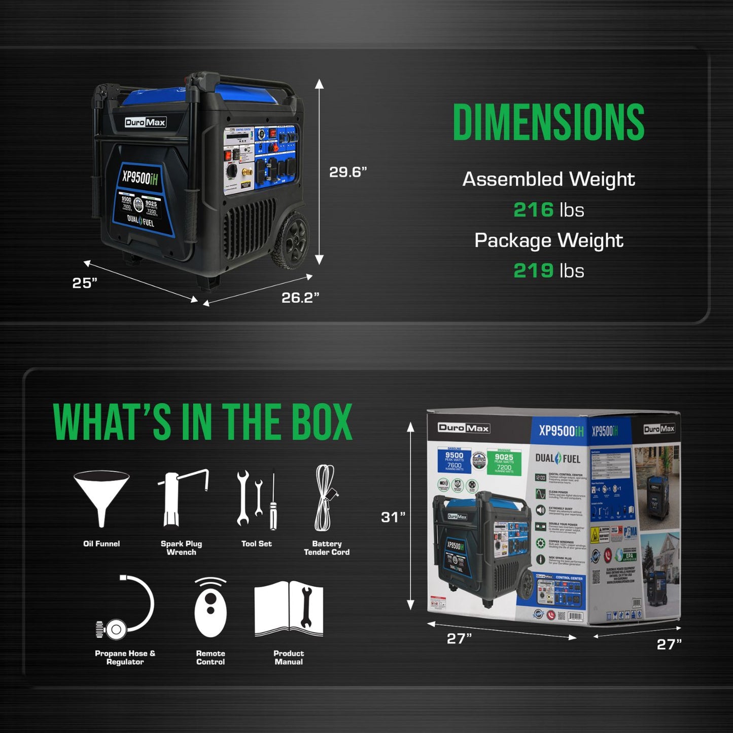 DuroMax XP9500iH Dual Fuel 7600W/9500W Portable Inverter Generator | CO Alert
