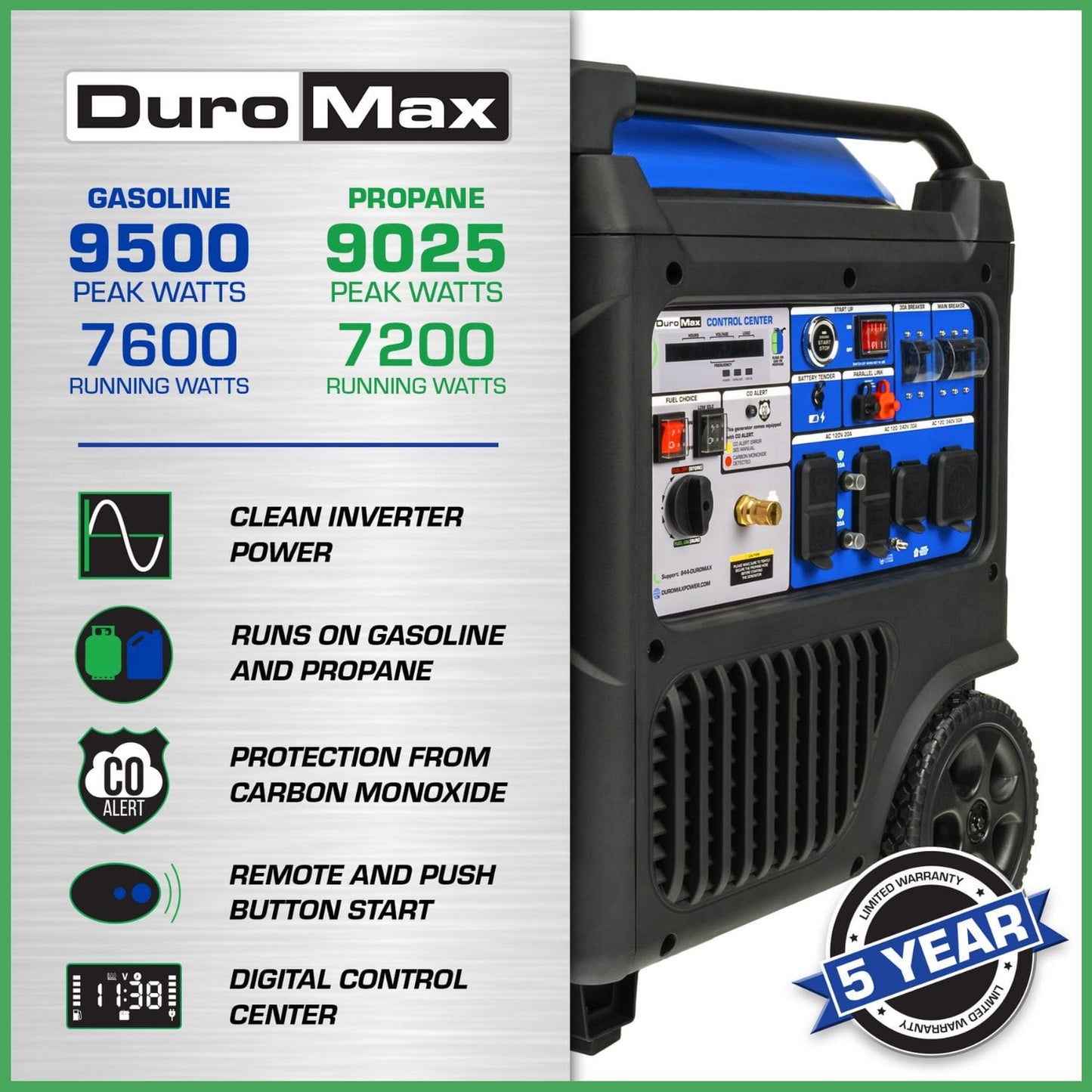 DuroMax XP9500iH Dual Fuel 7600W/9500W Portable Inverter Generator | CO Alert
