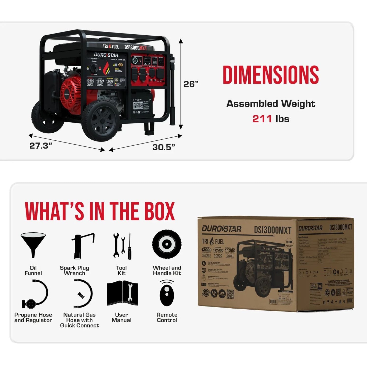 DuroStar DS13000MXT Tri-Fuel 9000W/11000W Portable Generator | Low THD