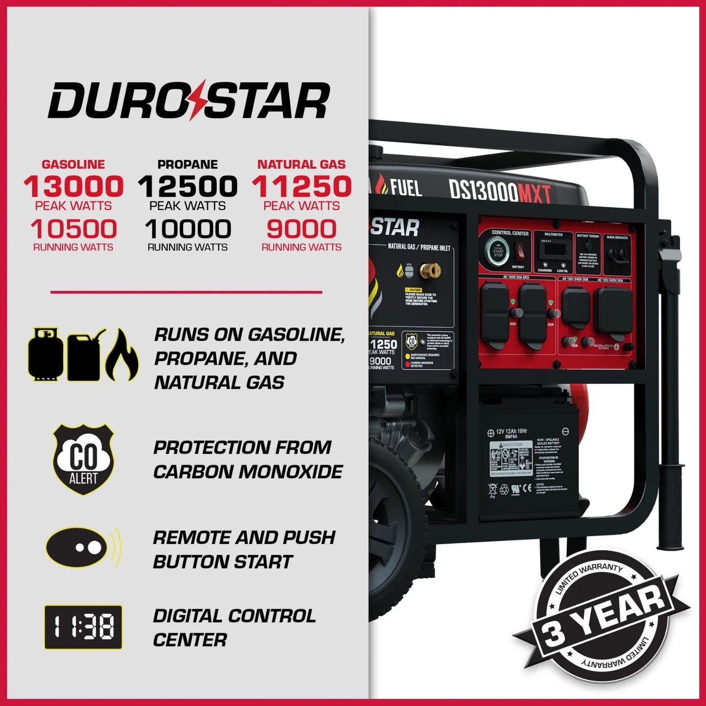 DuroStar DS13000MXT Tri-Fuel 9000W/11000W Portable Generator | Low THD