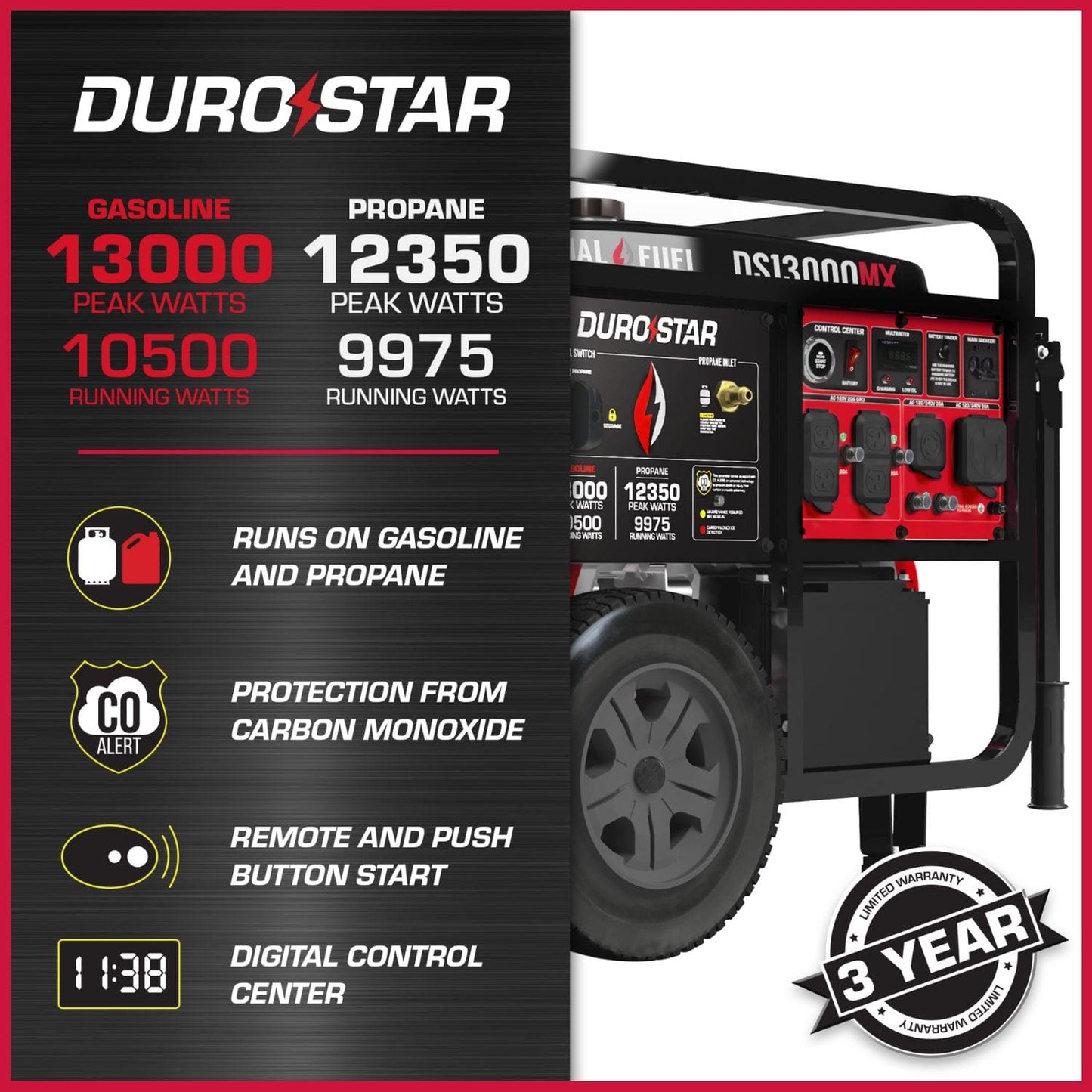 DuroStar DS13000MX Dual Fuel 10500W/13000W Portable Generator | CO Alert