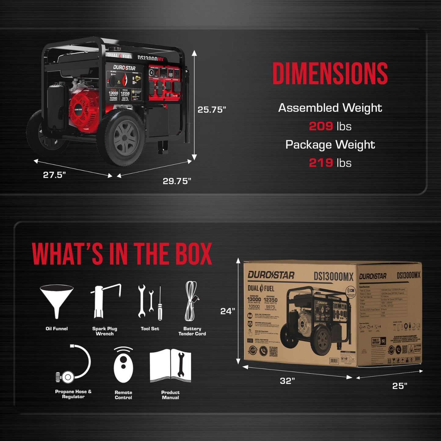DuroStar DS13000MX Dual Fuel 10500W/13000W Portable Generator | CO Alert