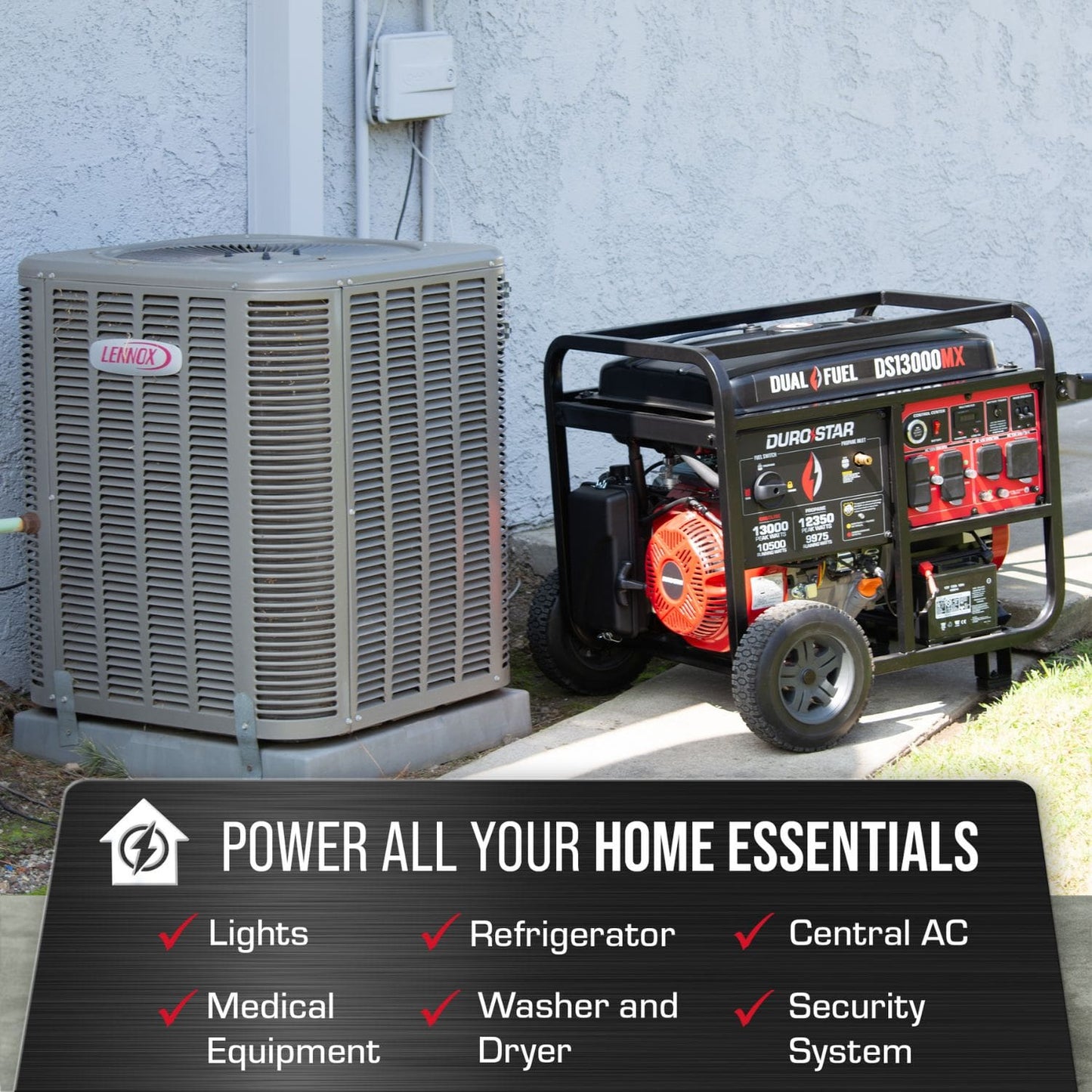 DuroStar DS13000MX Dual Fuel 10500W/13000W Portable Generator | CO Alert