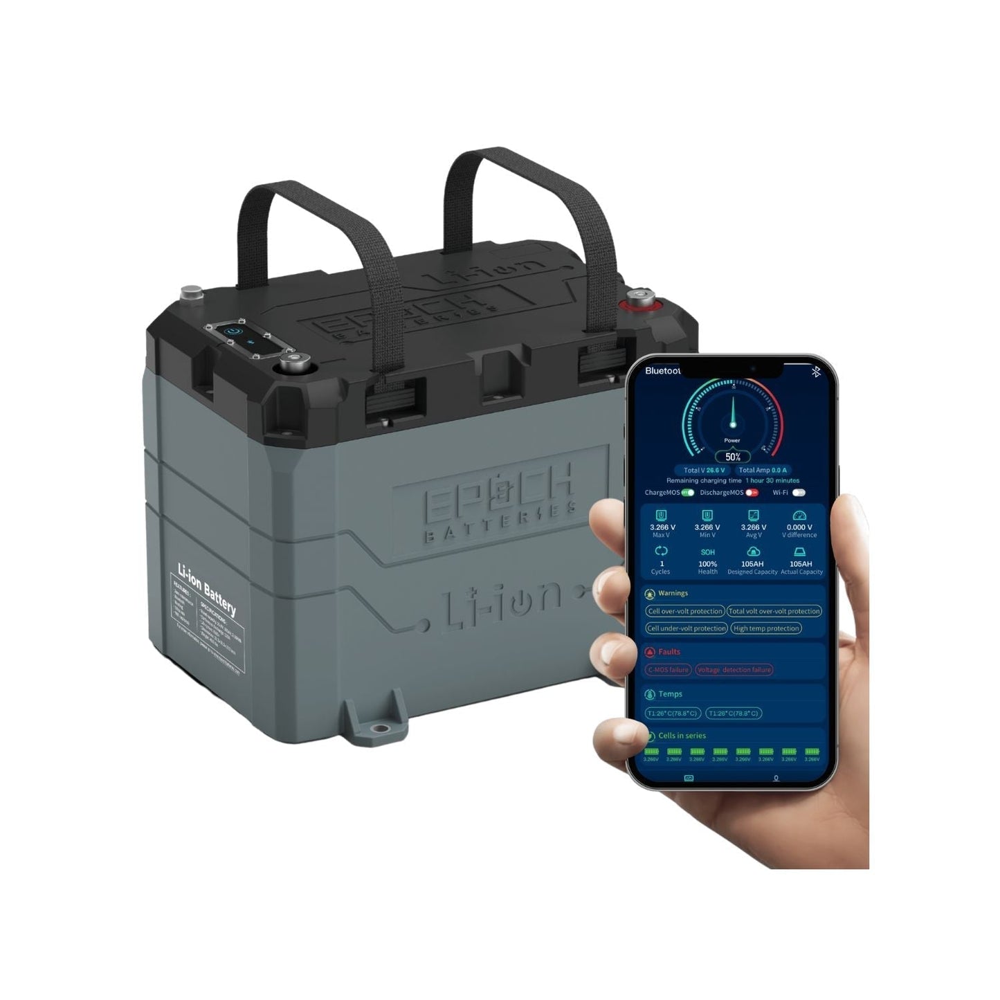 Epoch Batteries 24V 100Ah (2.56kWh) LiFePO4 Lithium Battery | Bluetooth | Heating | Waterproof