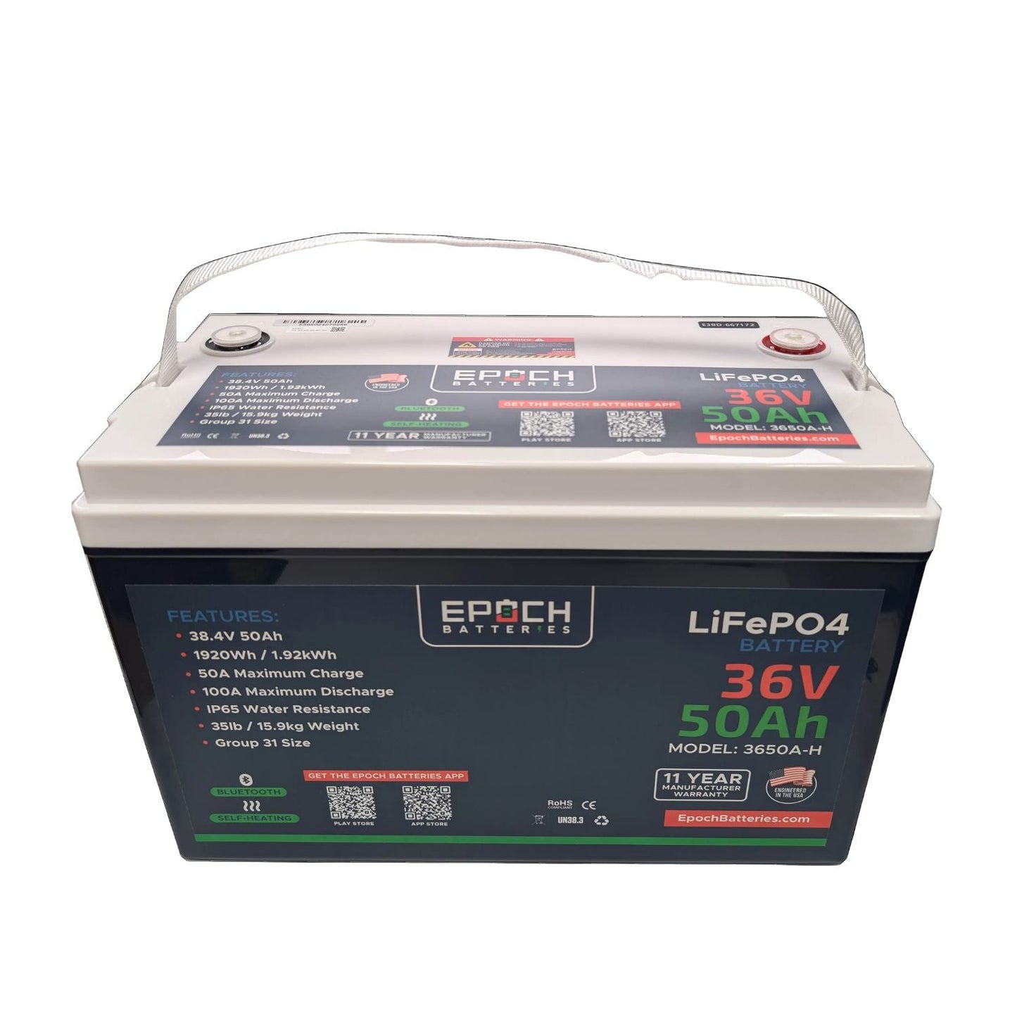 Epoch Batteries 36V 50Ah (1.92kWh) LiFePO4 Battery | Essential Series | Bluetooth | Heated