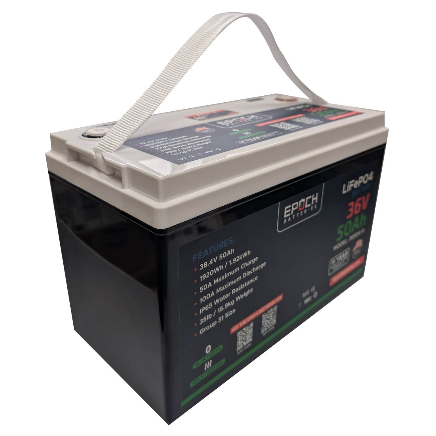 Epoch Batteries 36V 50Ah (1.92kWh) LiFePO4 Battery | Essential Series | Bluetooth | Heated