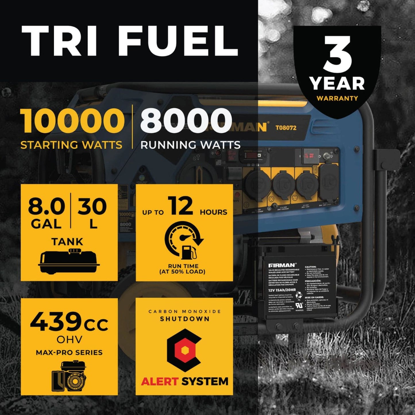 Firman T08072 Tri-Fuel 8000W/10000W Portable Generator | Electric Start | 20/240V | CO Alert
