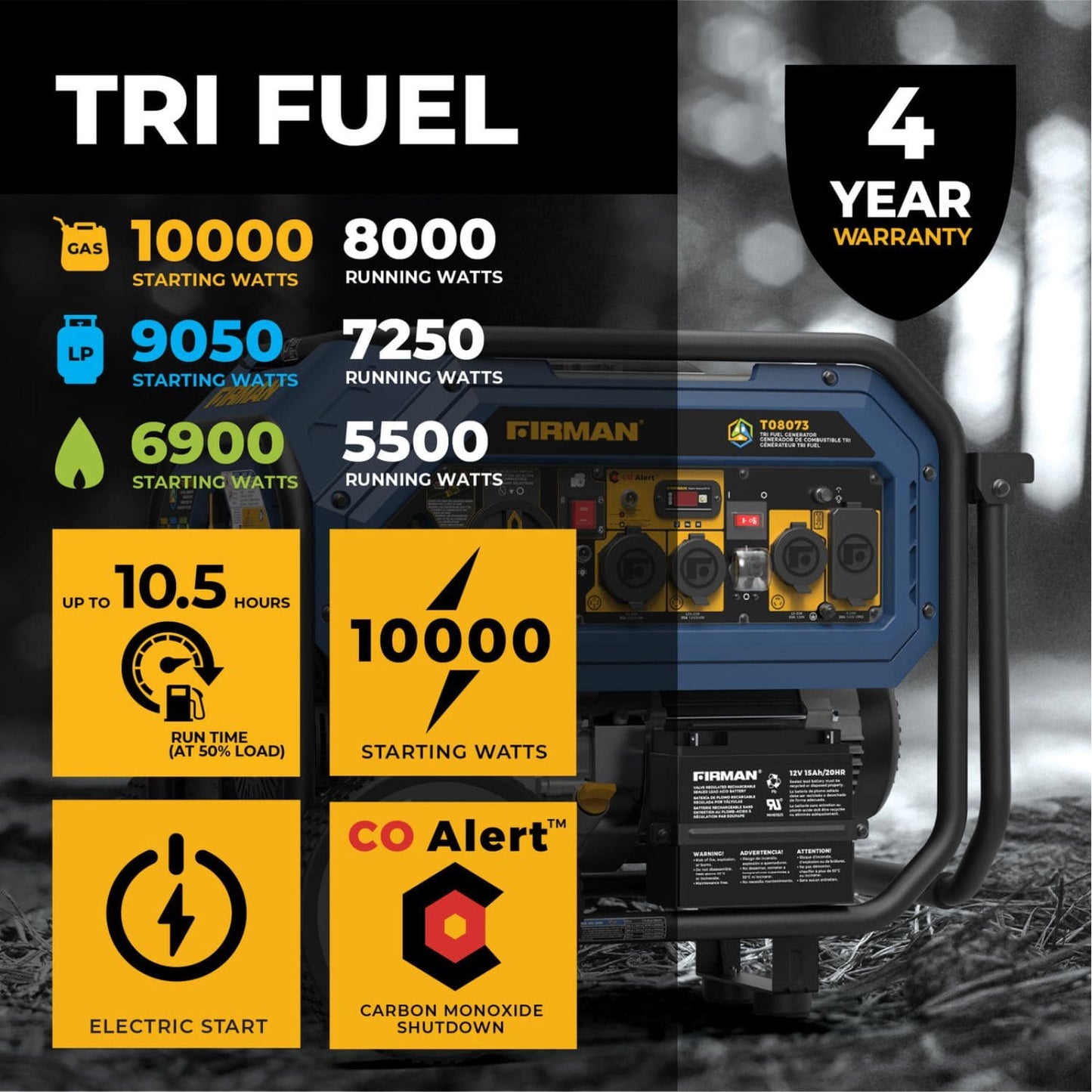 Firman T08073 Tri-Fuel 8000W/10000W Portable Generator | Electric Start | CO Alert