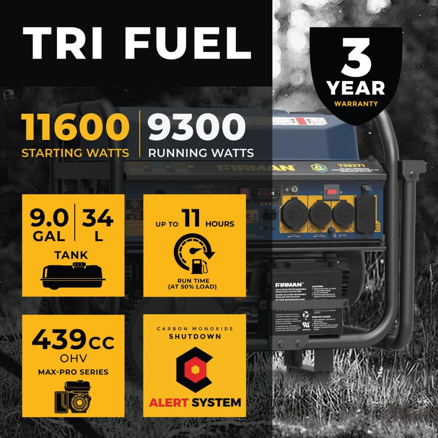 Firman T09371 Tri-Fuel 9300W/11600W Portable Generator | Electric Start | 120V/240V | CO Alert