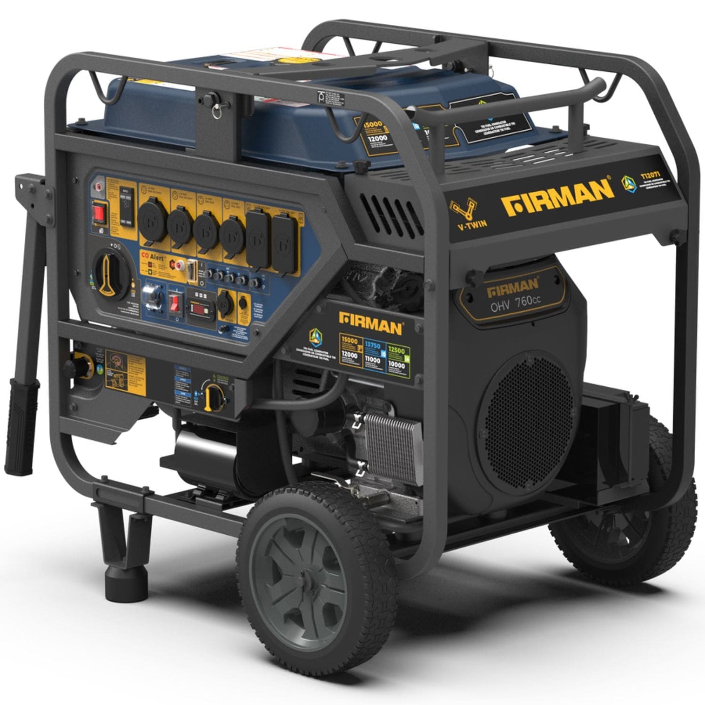 Firman T12071 Tri-Fuel 12000W/15000W Portable Generator | Electric Start | 120/240V | CO Alert