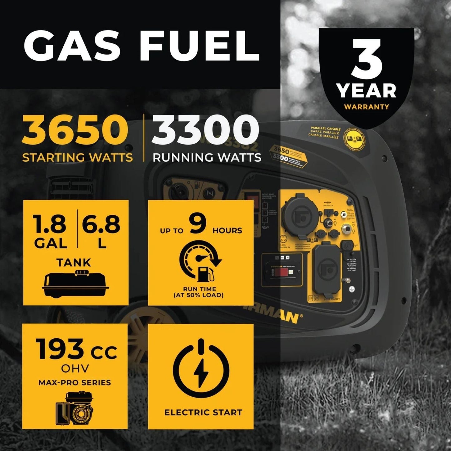 Firman W03383 Gasoline 3300W/3650W Inverter Portable Generator | Remote Start