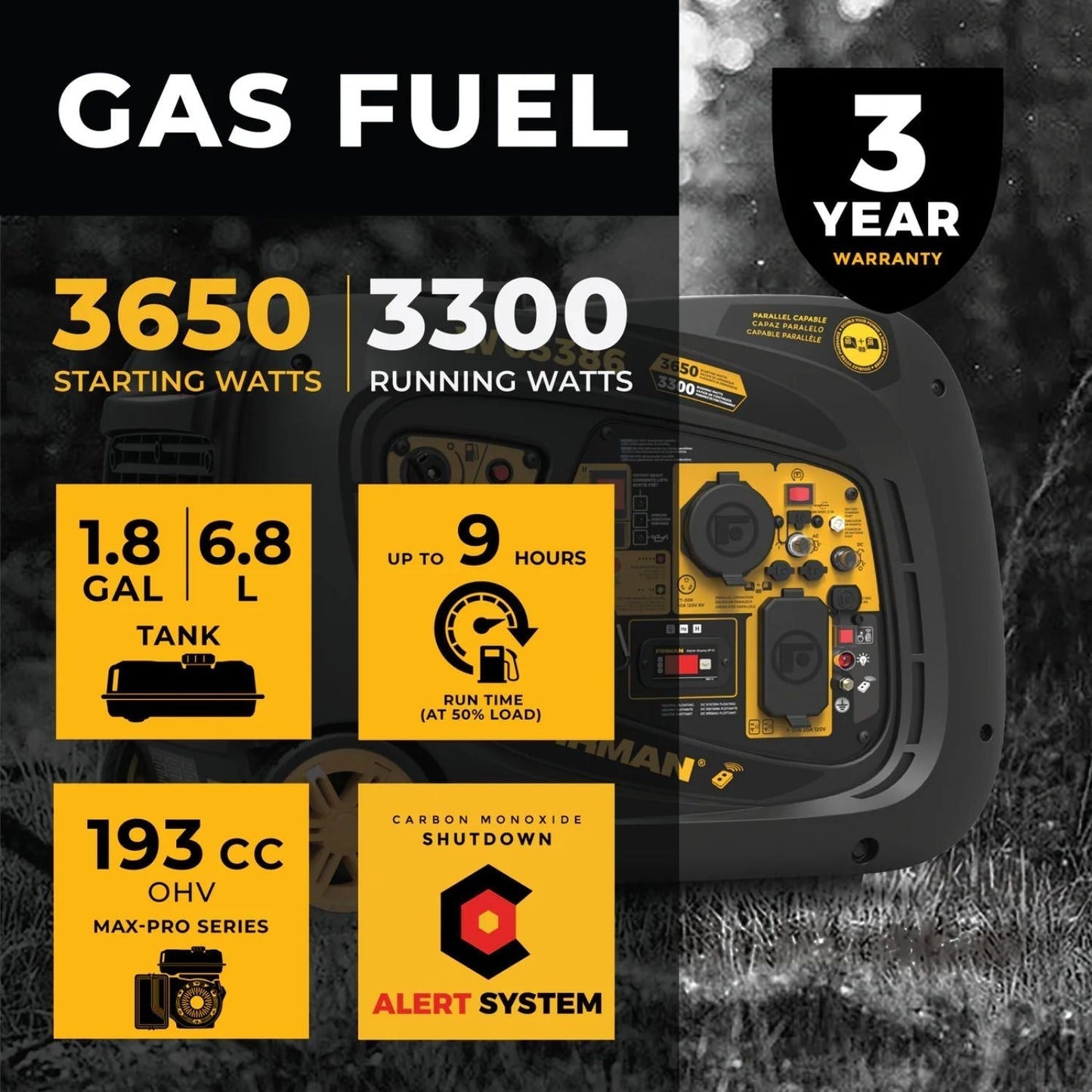 Firman W03386 Gasoline 3300W/3650W Inverter Portable Generator | Remote Start | CO Alert