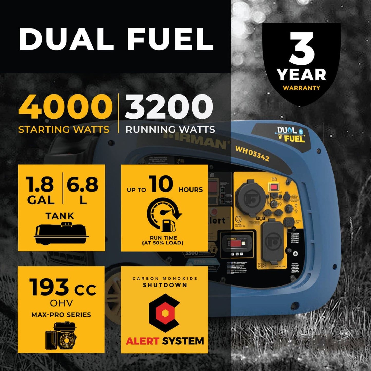 Firman WH03342 Dual Fuel 3300W/4125W Inverter Portable Generator | Electric Start | CO Alert