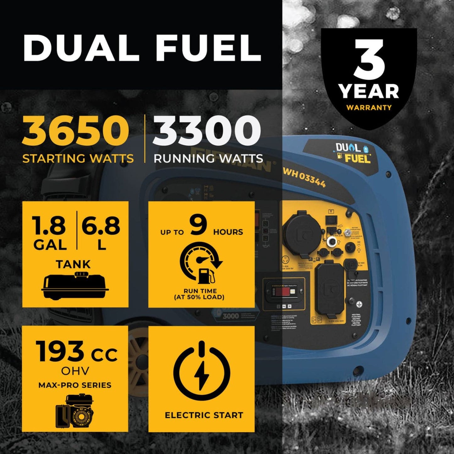 Firman WH03344 Dual Fuel 3300W/4125W Inverter Portable Generator | Electric Start