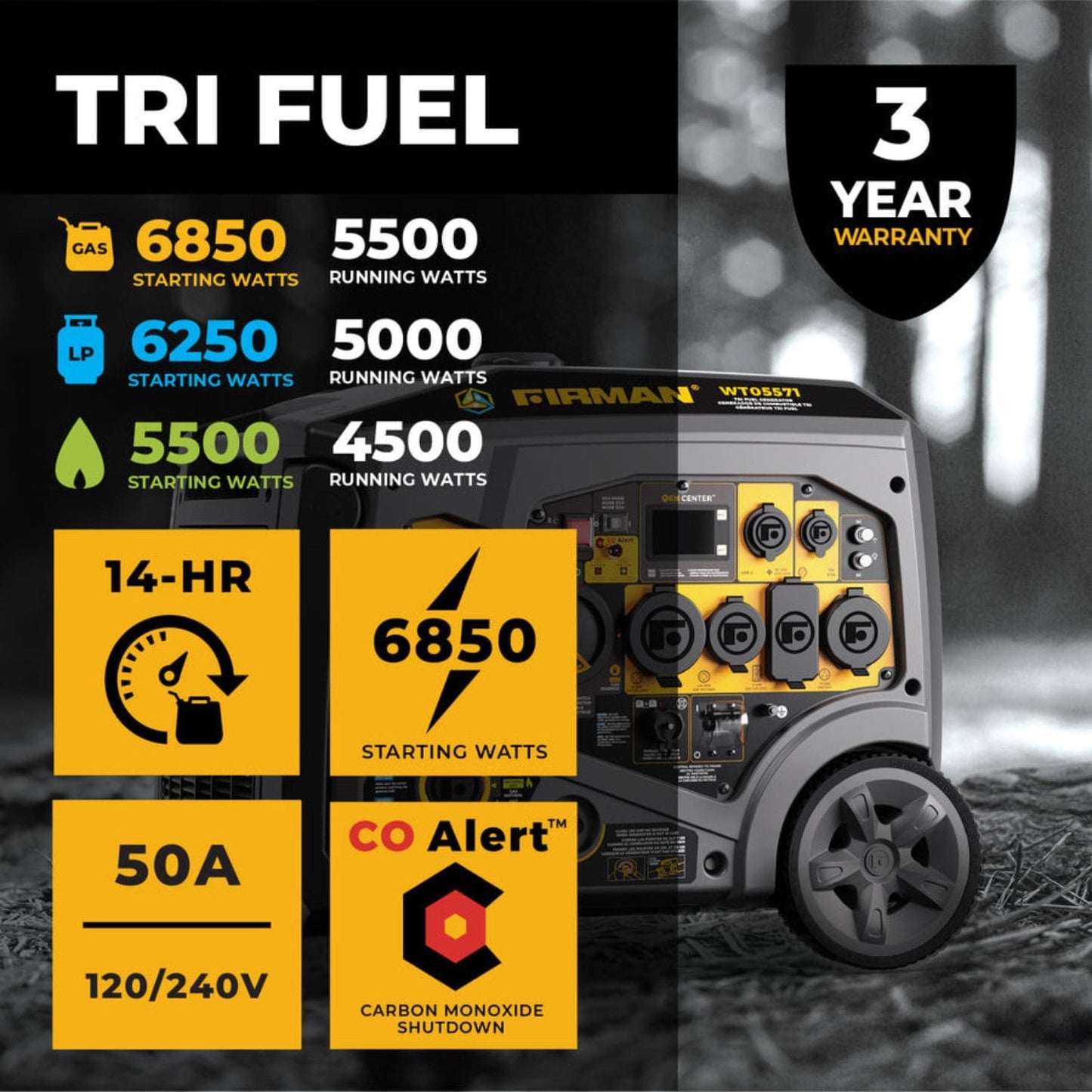 Firman WT05571 Tri-Fuel 5500W/6850W Inverter Portable Generator | Electric Start | CO Alert