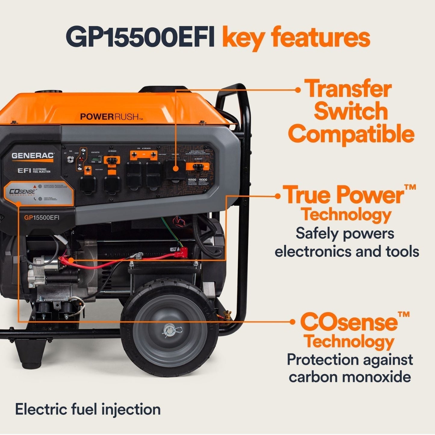 Generac GP15500EFI Gasoline 15500W/19300W Portable Generator | Electric Start | COsense®