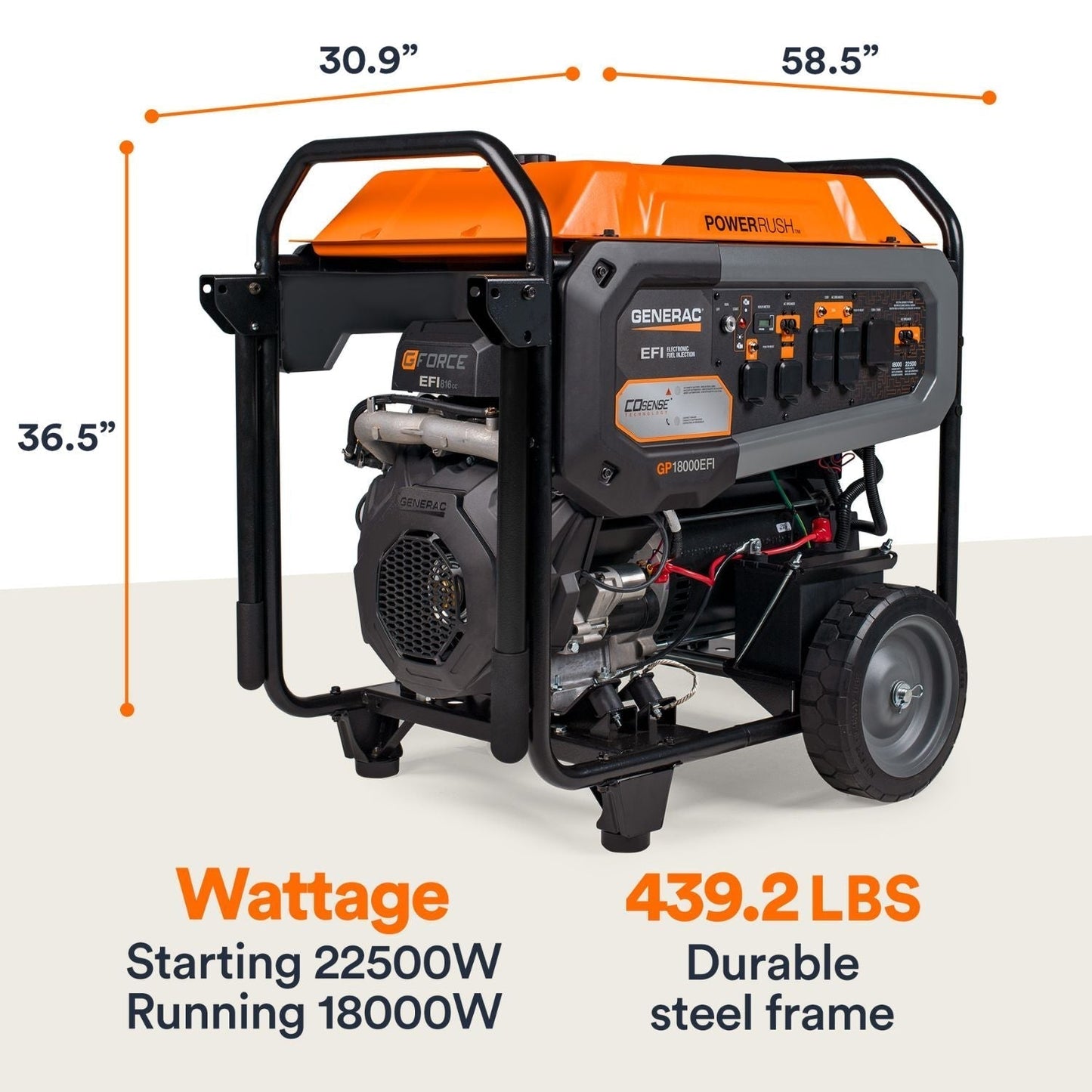 Generac GP18000EFI Gasoline 18000W/22500W Portable Generator | COsense®