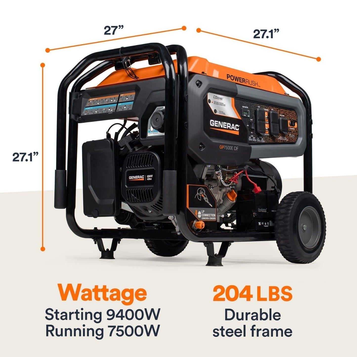 Generac GP7500E Dual Fuel 7500W/9400W Portable Generator | COsense®