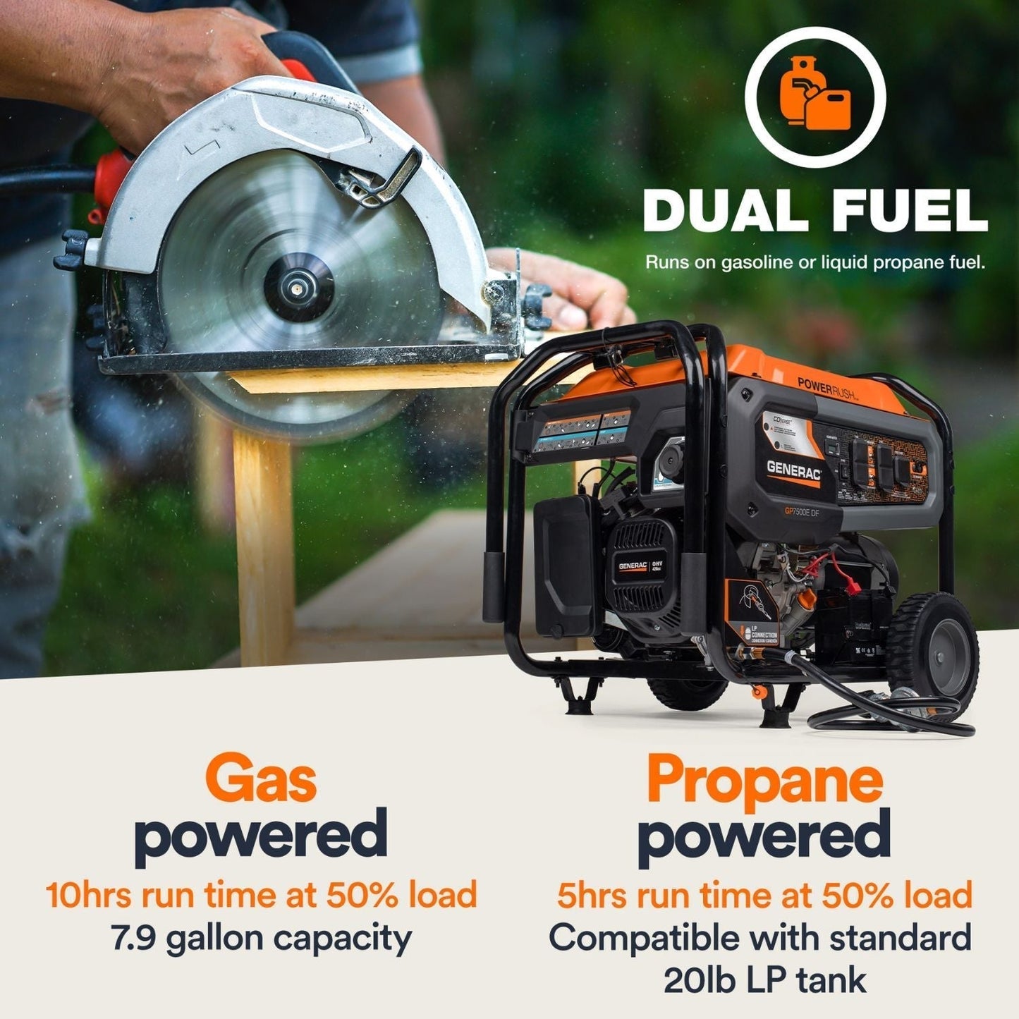 Generac GP7500E Dual Fuel 7500W/9400W Portable Generator | COsense®