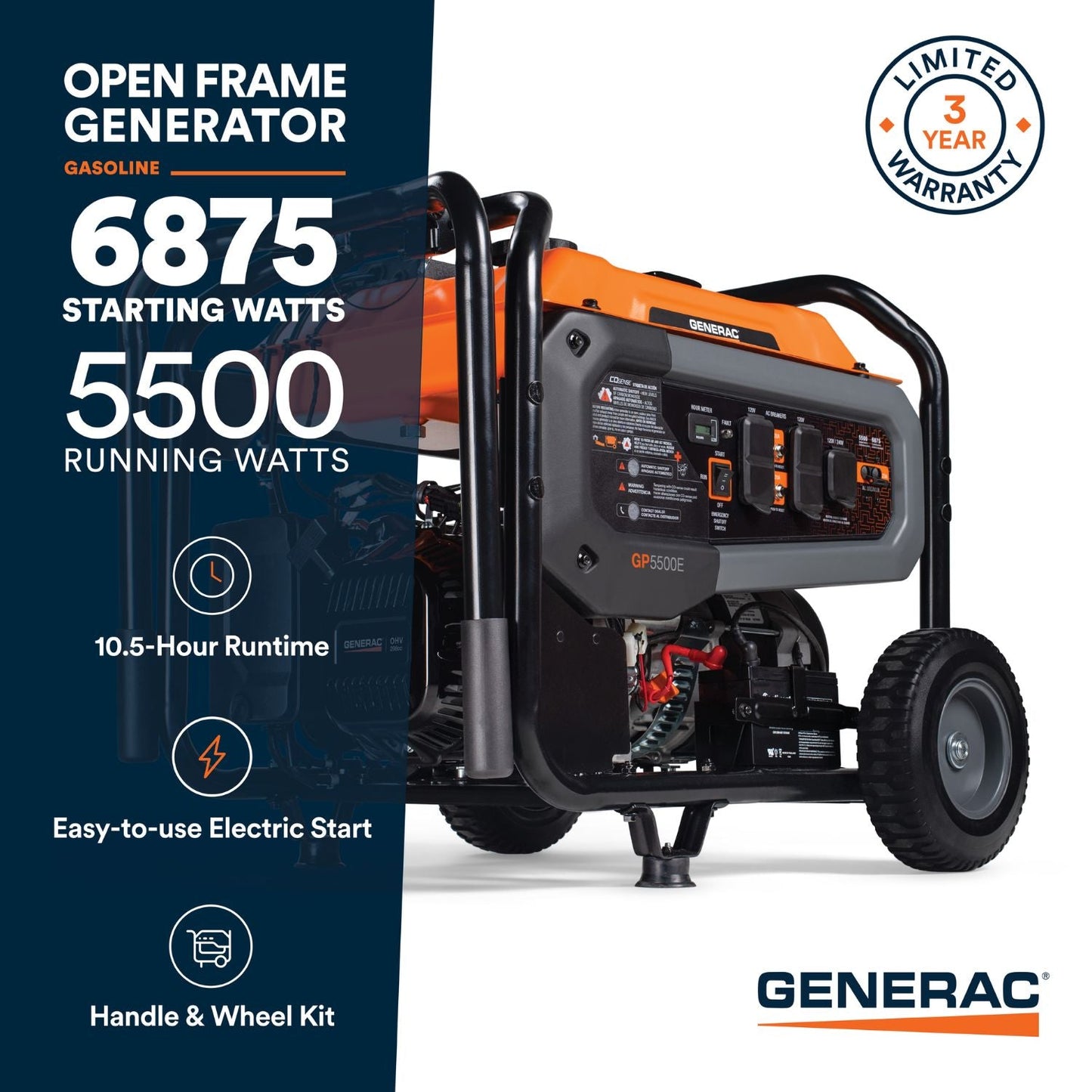 Generac GP5500E Gasoline 5500W/6875W Portable Generator | Electric Start | COsense®