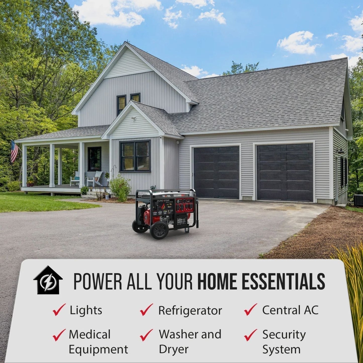 DuroStar DS13000MXT Tri-Fuel 9000W/11000W Portable Generator | Low THD