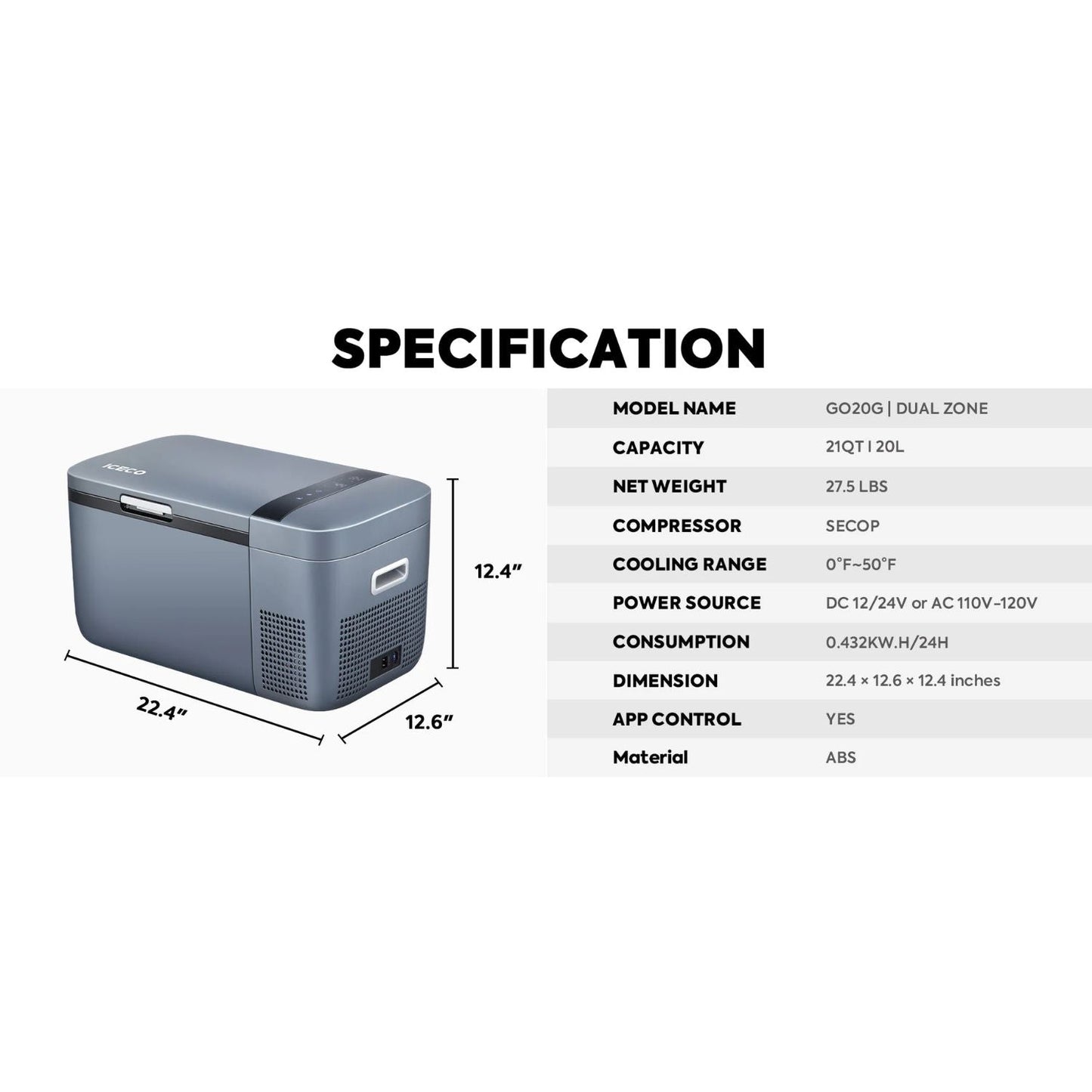 ICECO GO20 20 LT Dual Zone 12V Portable Freezer