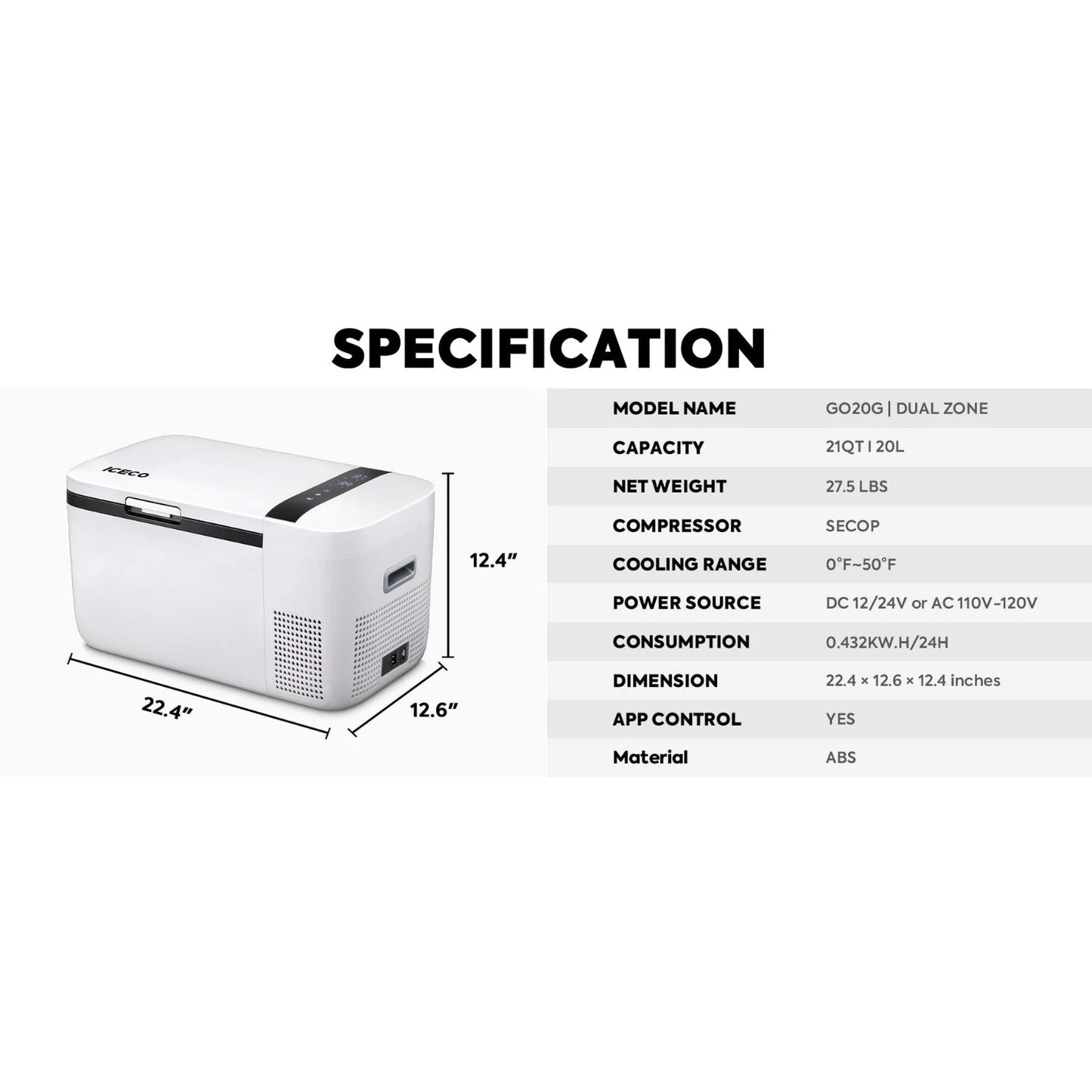 ICECO GO20 20 LT Dual Zone 12V Portable Freezer