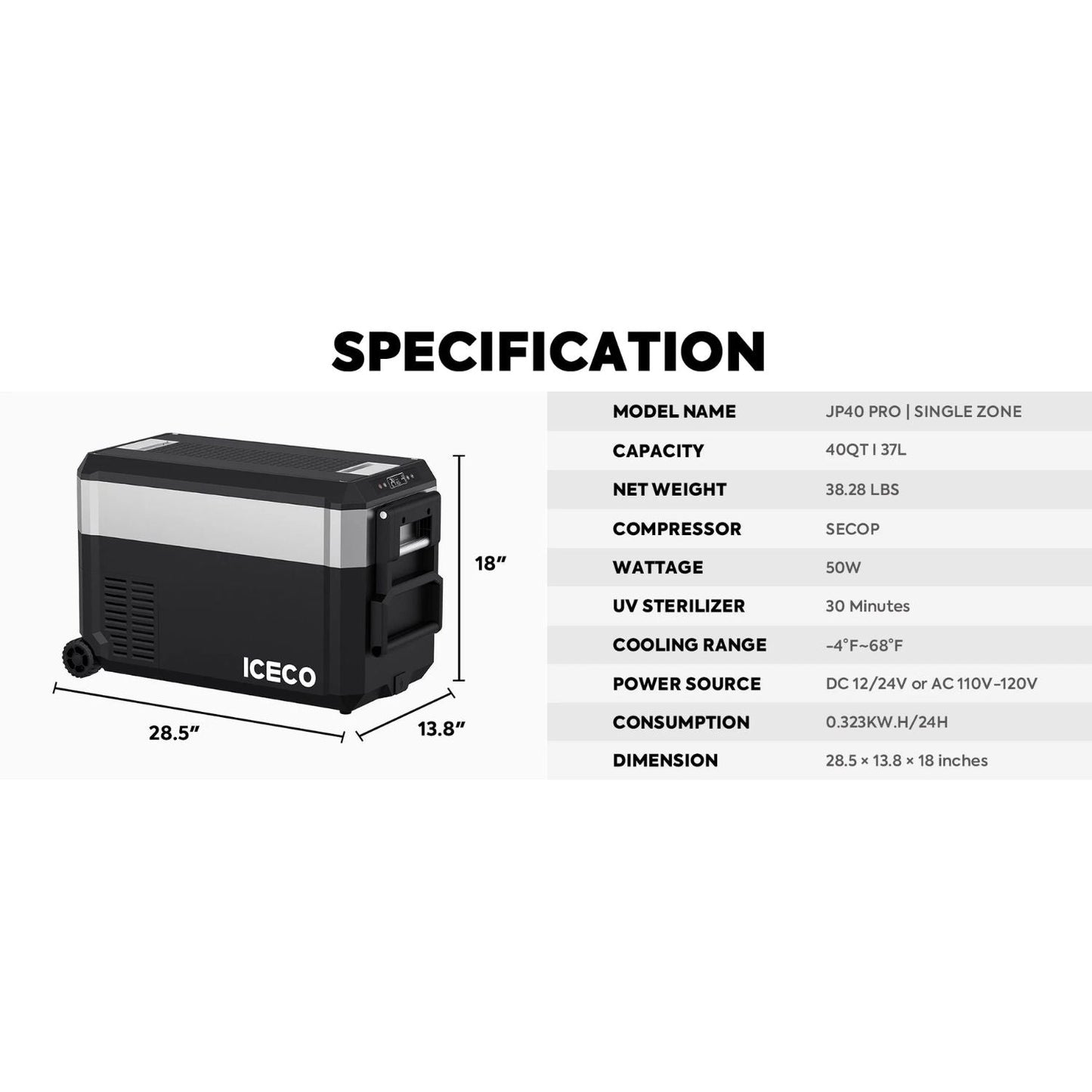 ICECO JP40 40 LT PRO Single Zone Portable Freezer With Cover
