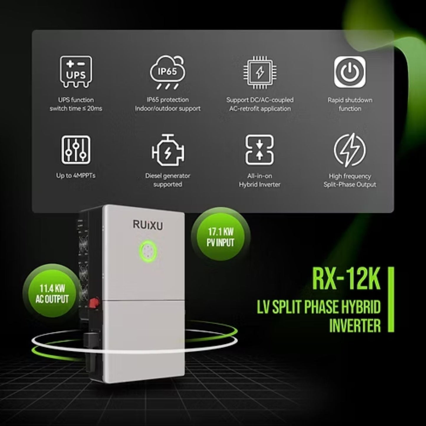 RUiXU RX-12K 11.4kW Split-Phase Hybrid Inverter | UL1741 | UL9540