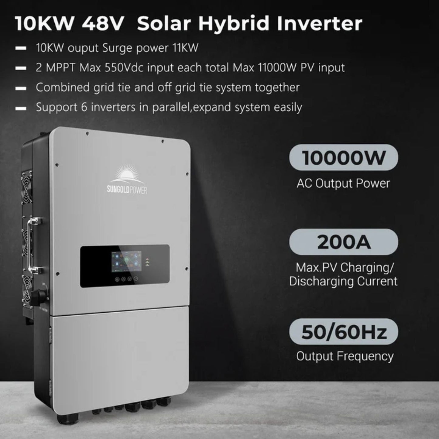 SunGold Power 10KW 48V Split Phase Hybrid Inverter | Grid Feedback | Batteryless