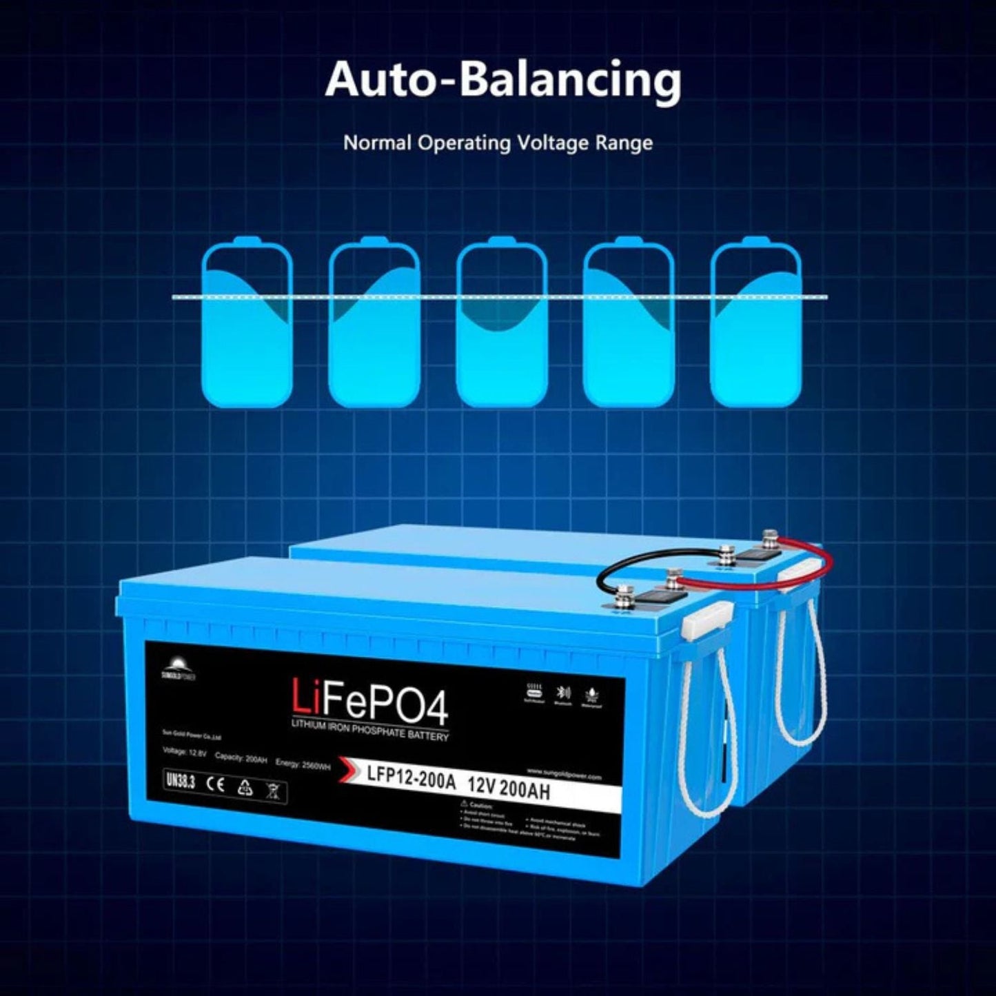 SunGold Power 12V 200Ah LiFePo4 Deep Cycle Lithium Battery | Bluetooth | Self-Heating | IP65