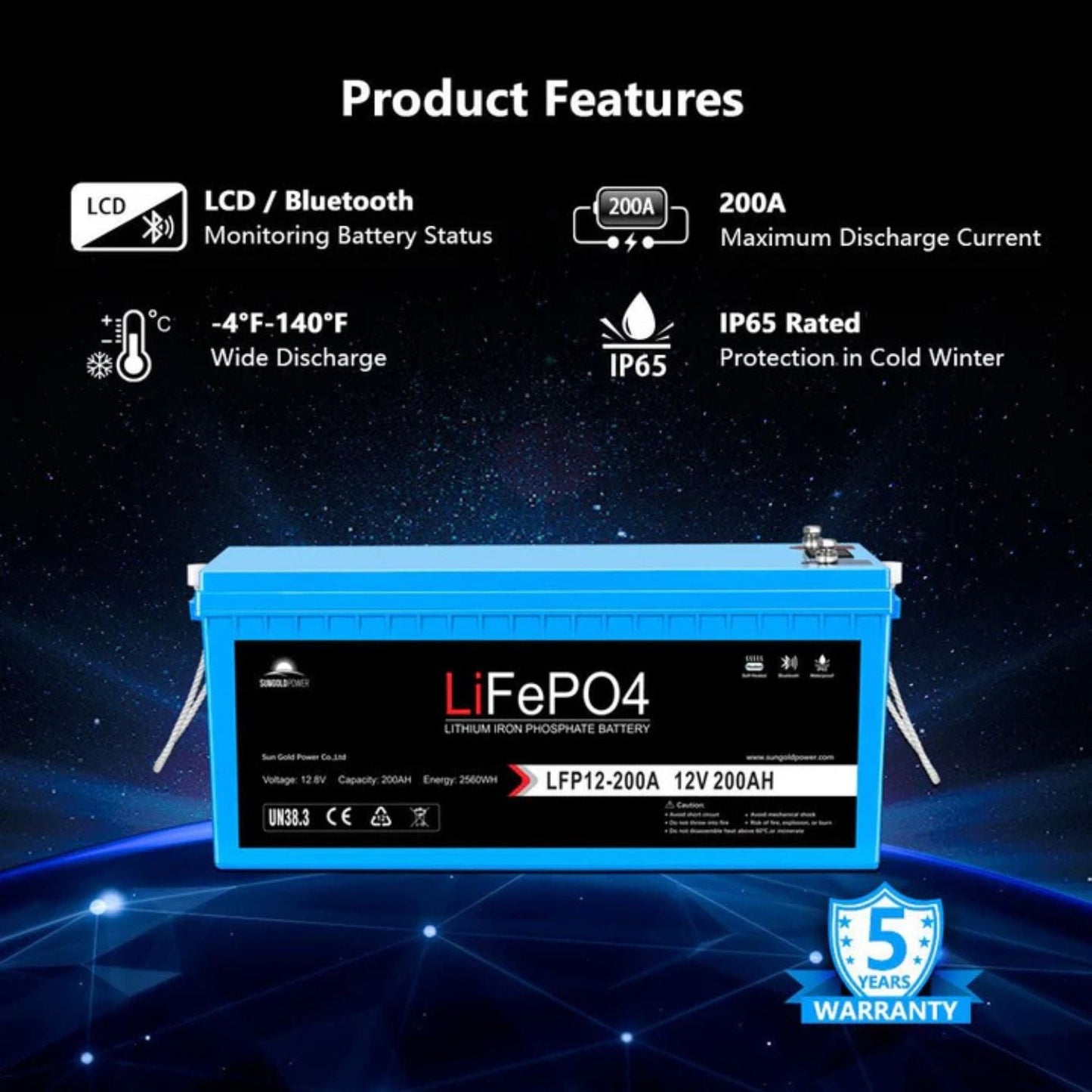 SunGold Power 12V 200Ah LiFePo4 Deep Cycle Lithium Battery | Bluetooth | Self-Heating | IP65