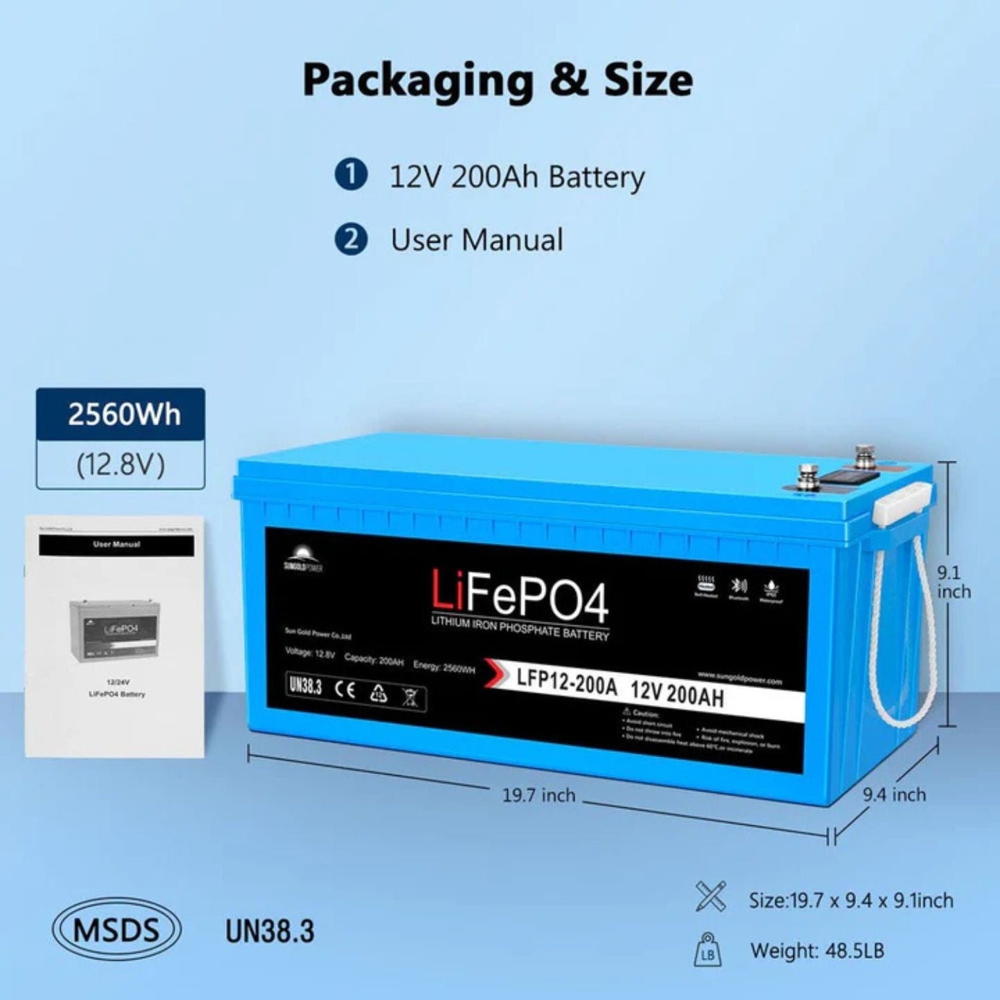 SunGold Power 12V 200Ah LiFePo4 Deep Cycle Lithium Battery | Bluetooth | Self-Heating | IP65