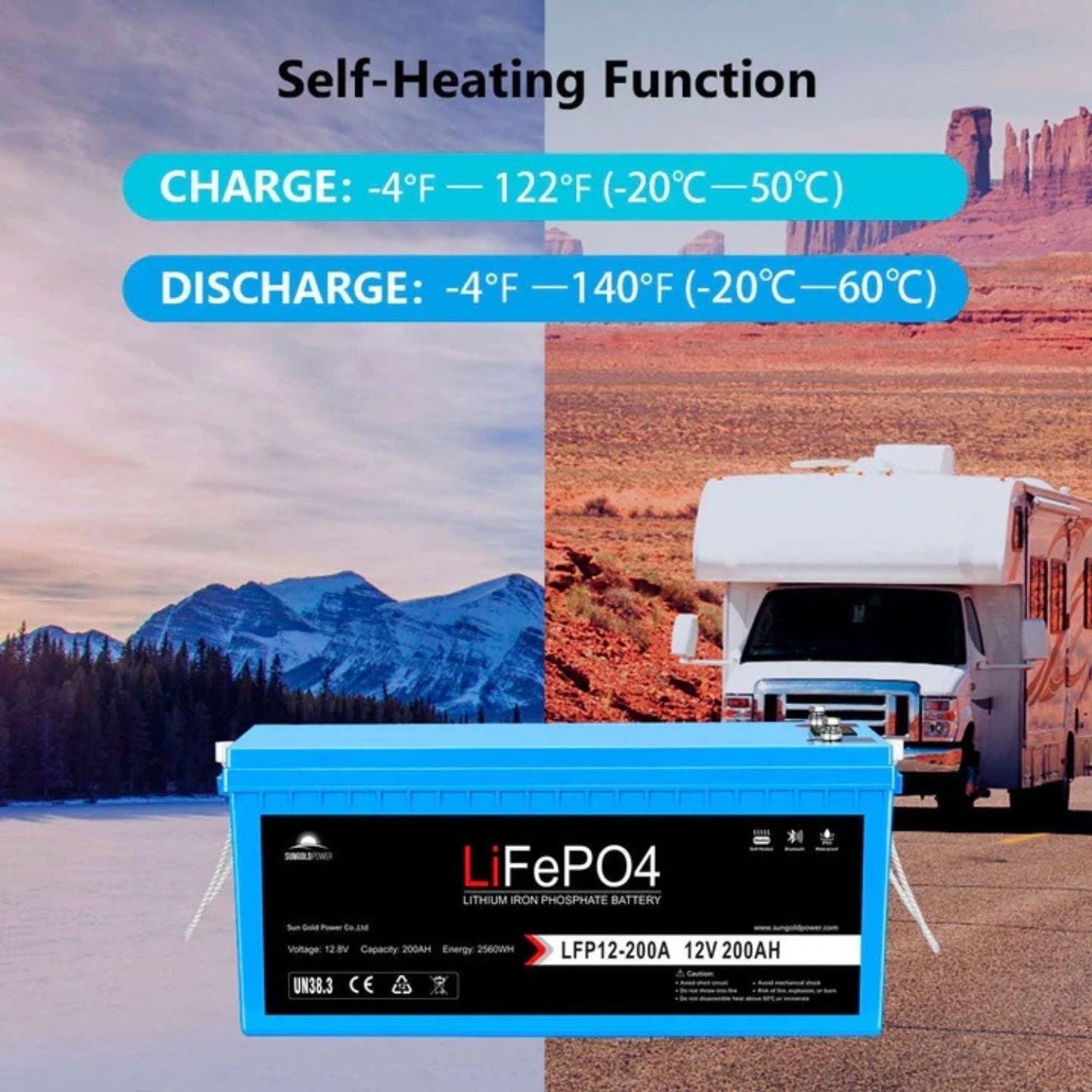 SunGold Power 12V 200Ah LiFePo4 Deep Cycle Lithium Battery | Bluetooth | Self-Heating | IP65