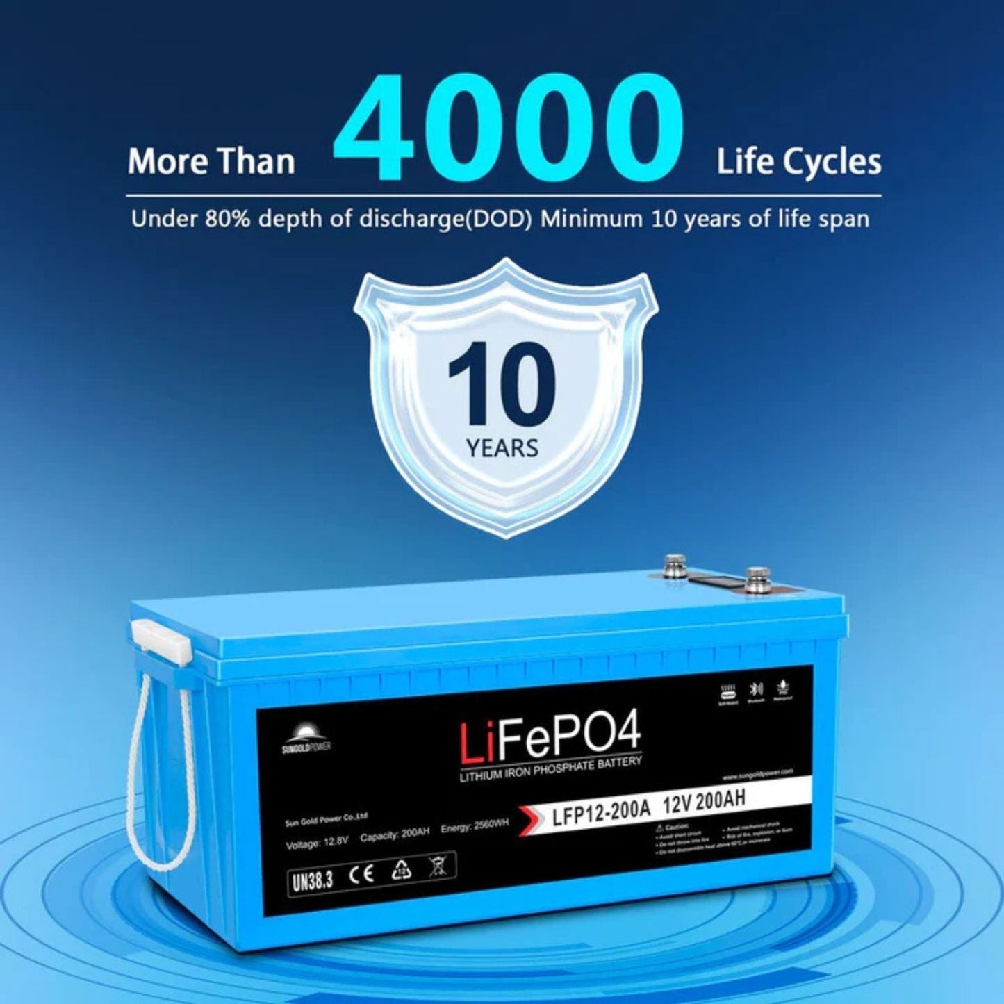 SunGold Power 12V 200Ah LiFePo4 Deep Cycle Lithium Battery | Bluetooth | Self-Heating | IP65