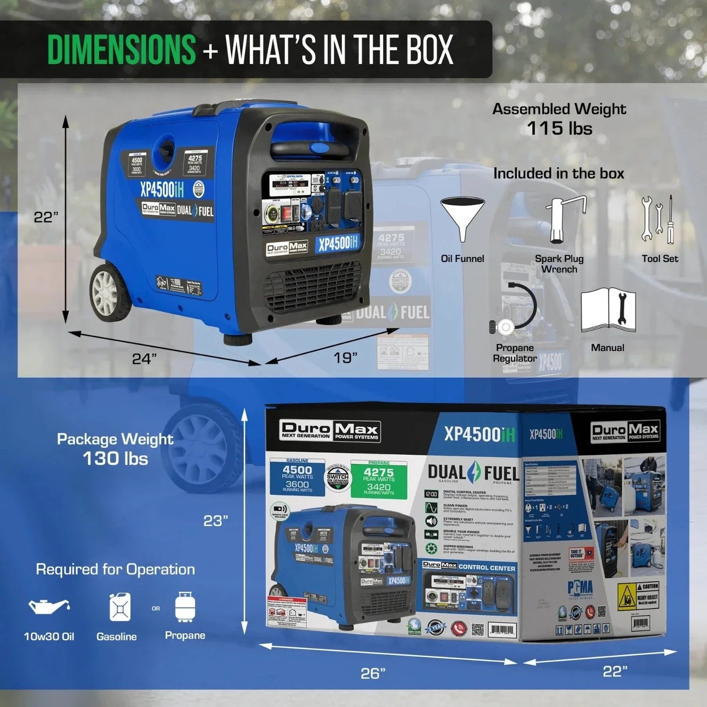 DuroMax XP4500iH Dual Fuel 3420W/4500W Portable Inverter Generator | CO Alert