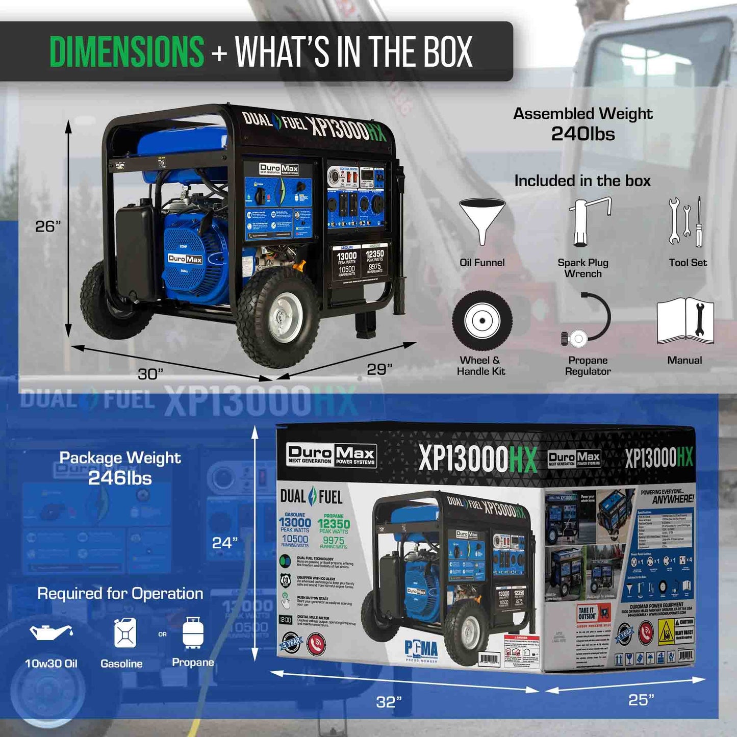 DuroMax XP13000HX Dual Fuel 10500W/13000W Portable HX Generator | CO Alert