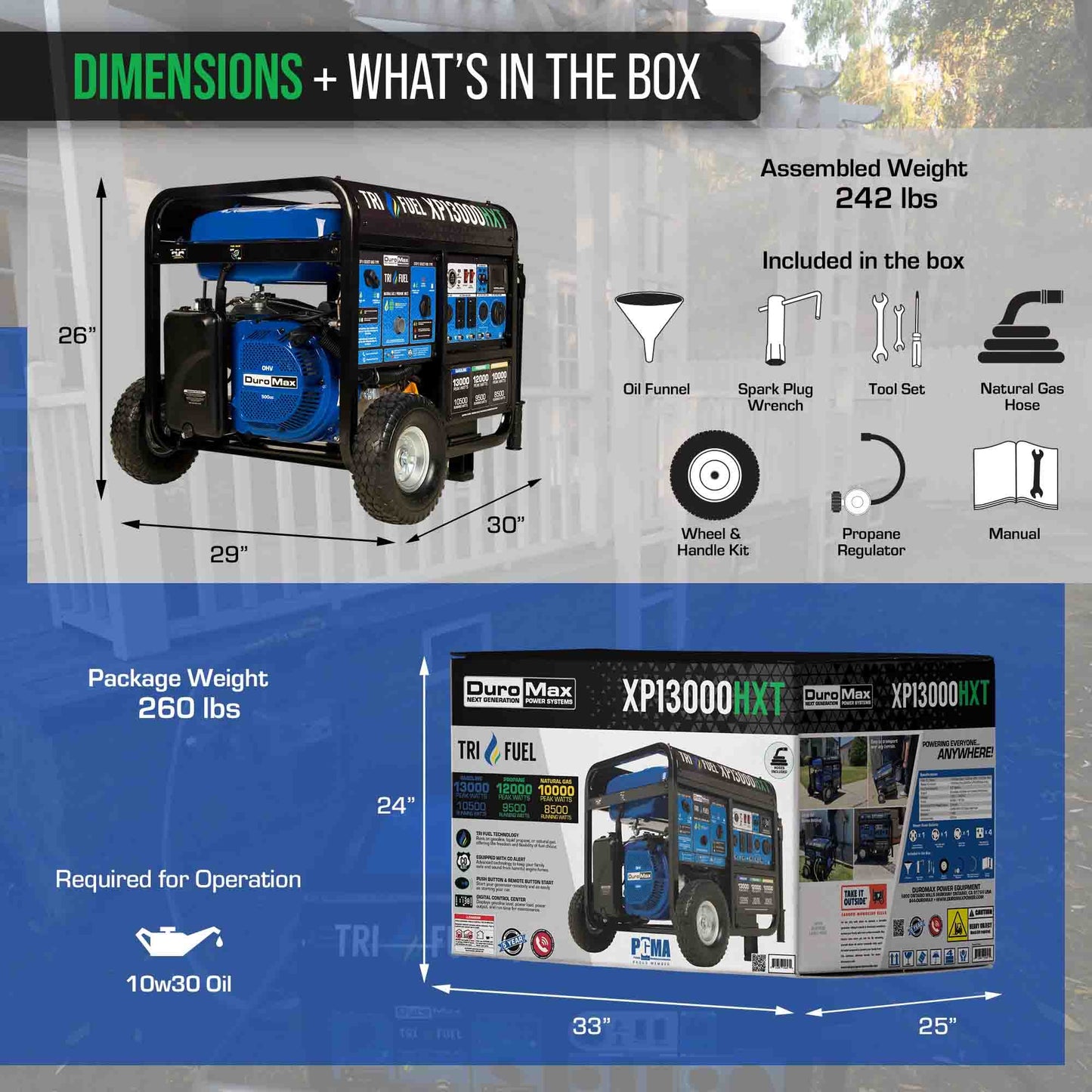 DuroMax XP13000HXT Tri-Fuel 10500W/13000W Portable Generator | CO Alert