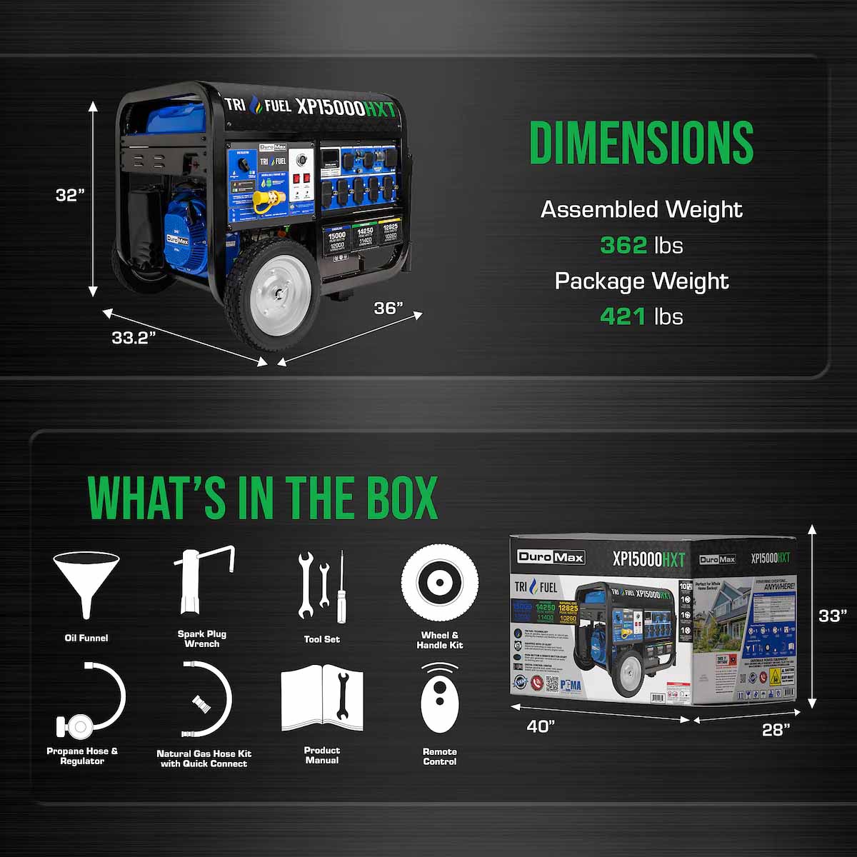 DuroMax XP15000HXT Tri-Fuel 12000W/15000W Portable Generator | Electric Start